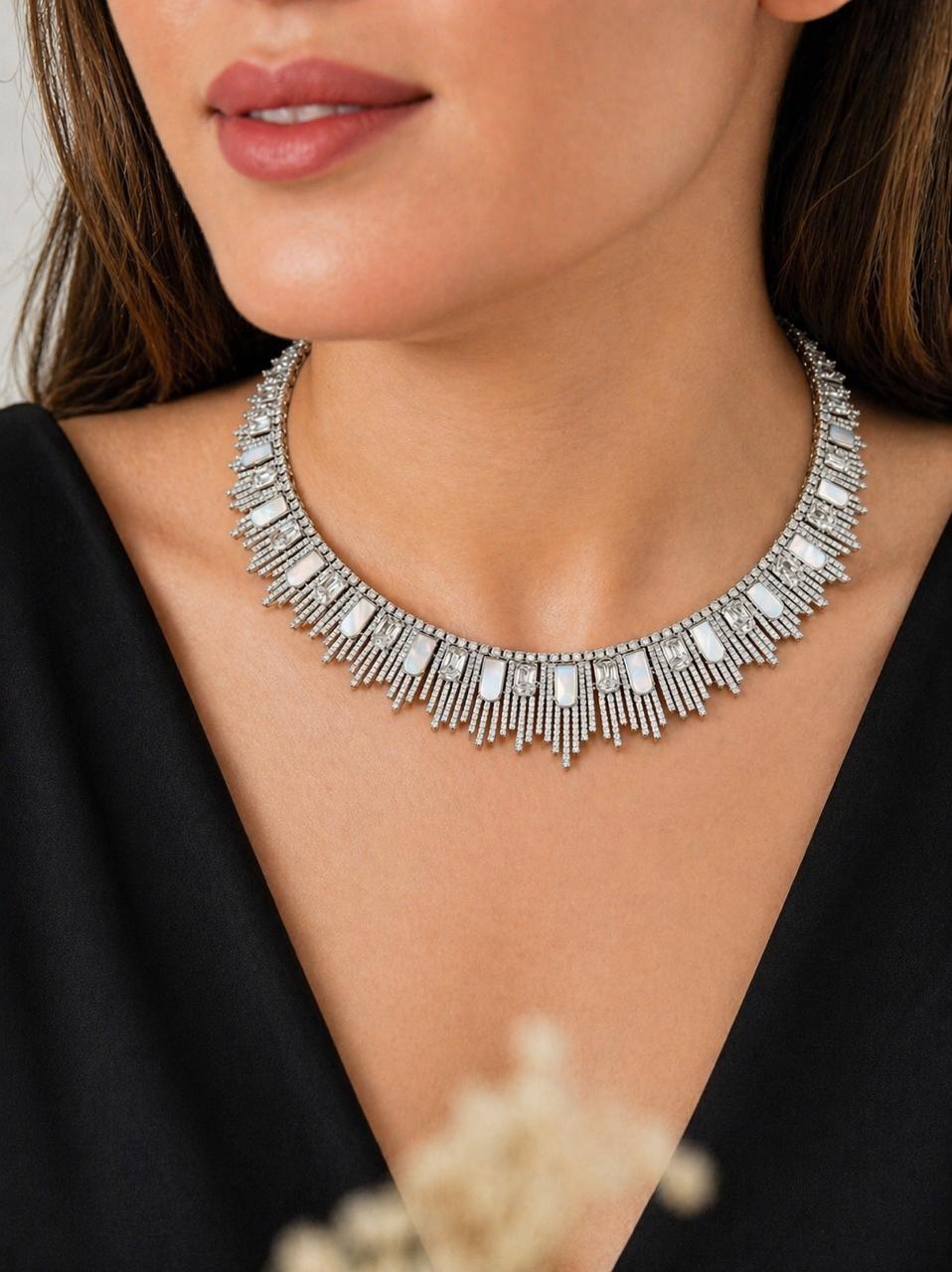 TOJ Everyday - Premium Mother of Pearl and American Diamond Jonita Cocktail Necklace Set with Earrings