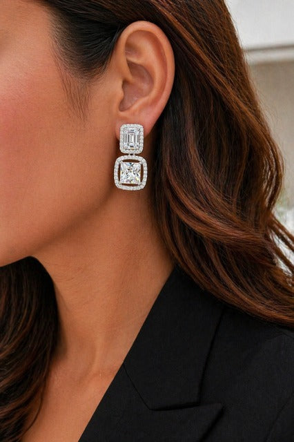 Premium TOJ Everyday - Emerald Cut and Princess Cut Solitaire Double Layered Party Earrings for Women