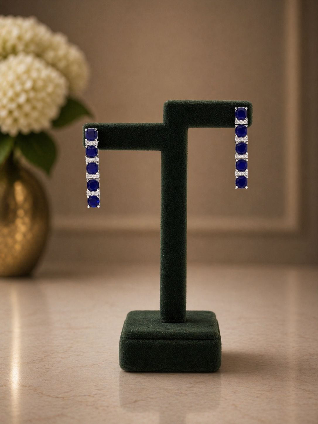 Premium TOJ Everyday - Blue Sapphire and White Oval Diamond Solitaire Classic String Necklace Set
