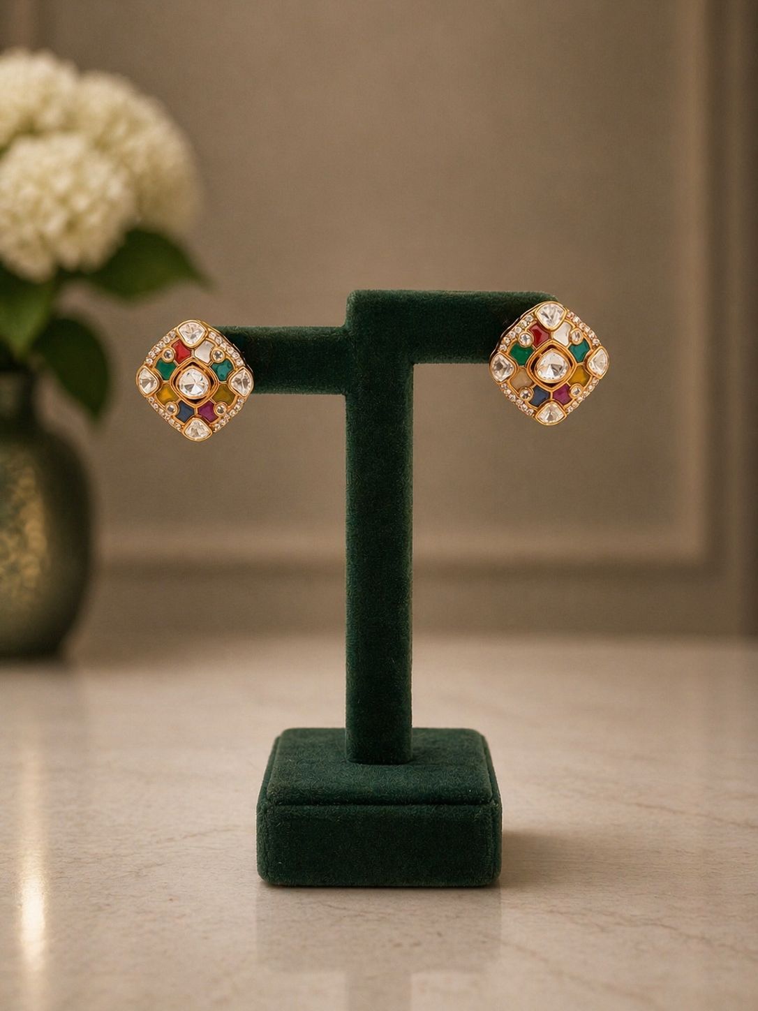 TOJ Everyday - Navratna Polki Square Gold Finish Stud Earrings for Women