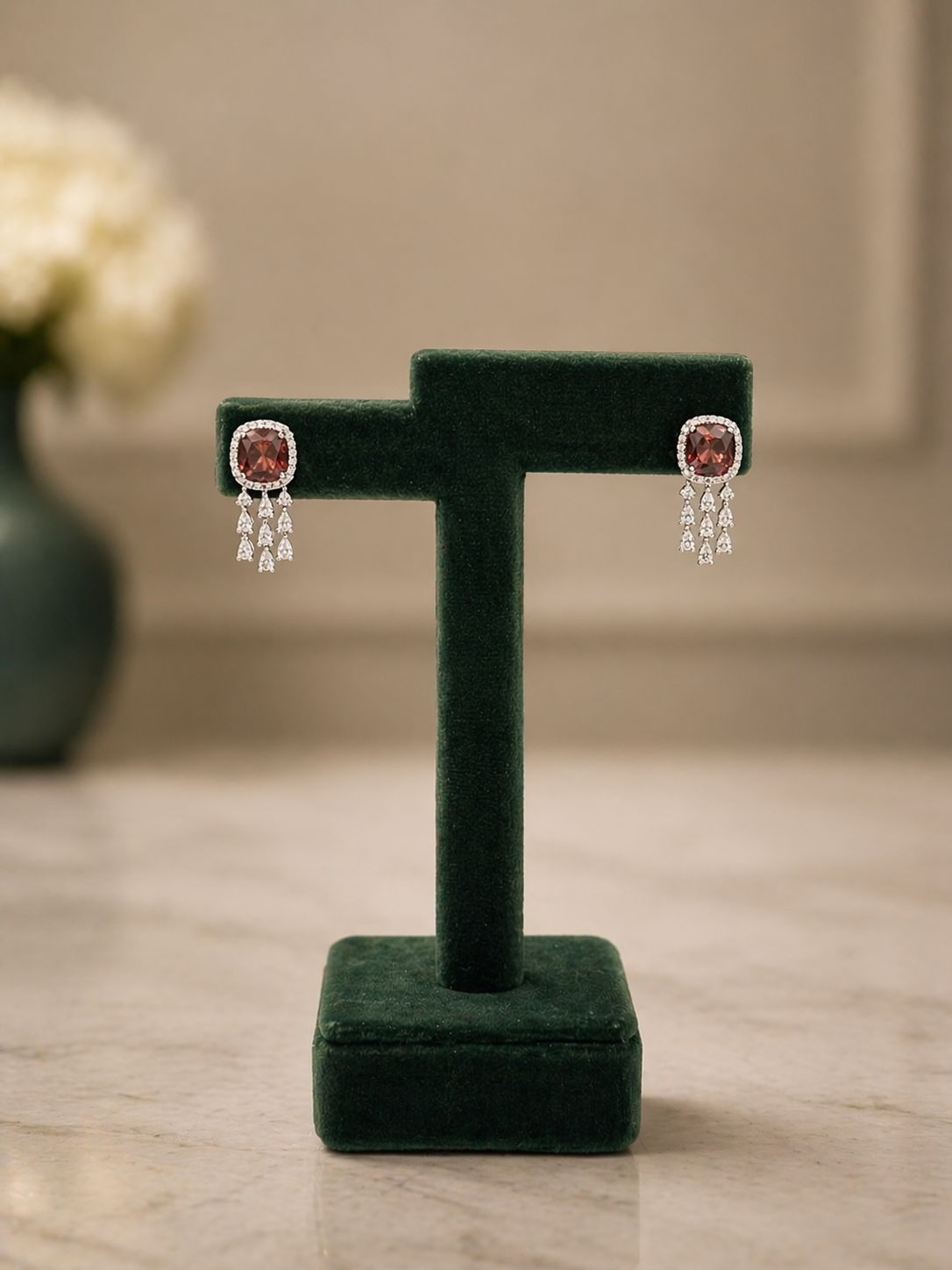 TOJ Everyday - Deep Wine Cushion and Fancy Diamond Bridal Wedding Necklace Set with Earrings