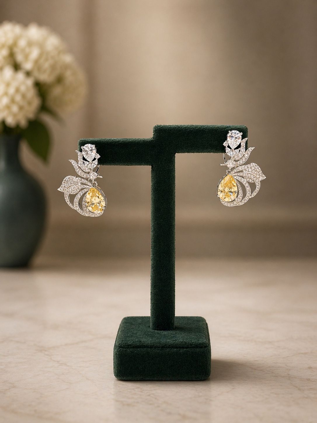 Premium TOJ Everyday - Drop Solitaire Yellow Fire Diamond Statement Party Earrings for Women