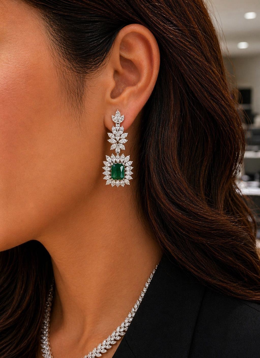 TOJ Everyday - Premium Emerald and Marquise Diamond Monaco Necklace Set with Earrings