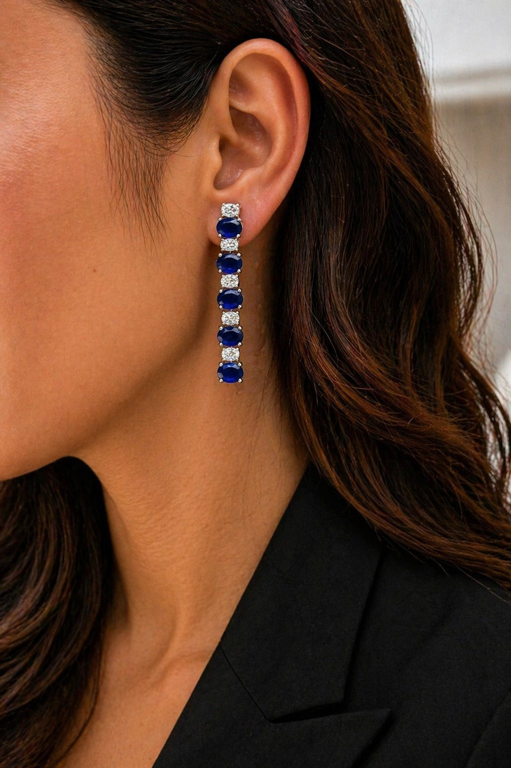 Premium TOJ Everyday - Blue Sapphire and White Oval Diamond Solitaire Classic String Necklace Set