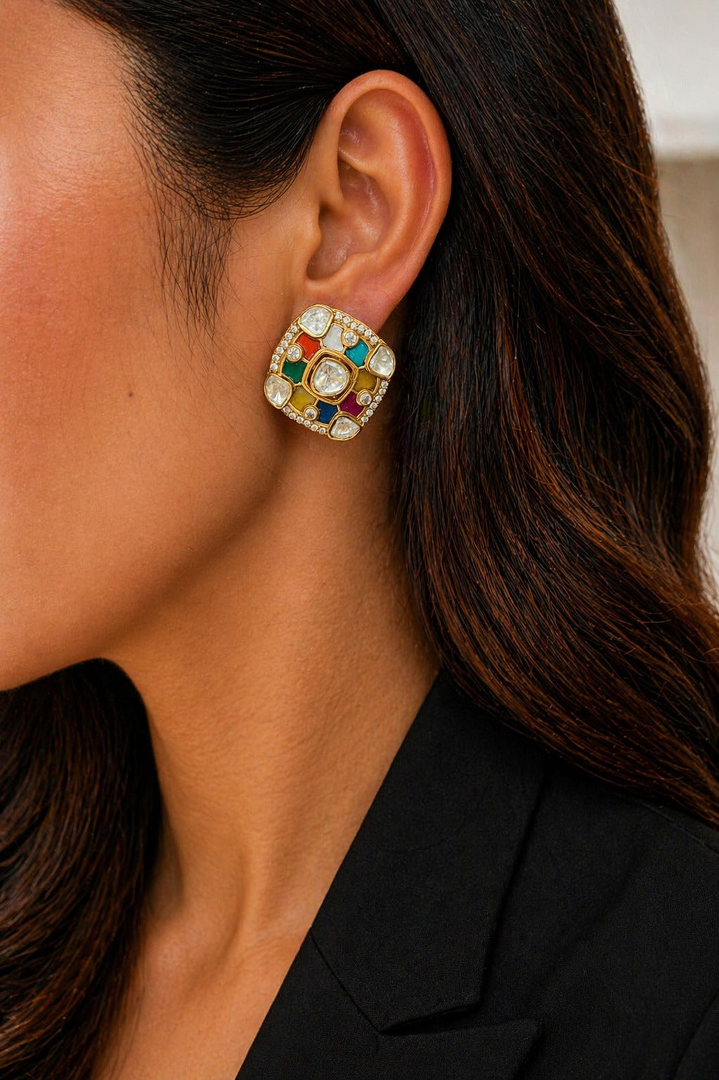 TOJ Everyday - Navratna Polki Square Gold Finish Stud Earrings for Women