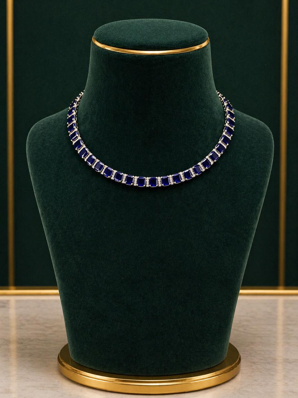 Premium TOJ Everyday Classic Blue Sapphire Solitaire String Necklace Set with Diamonds