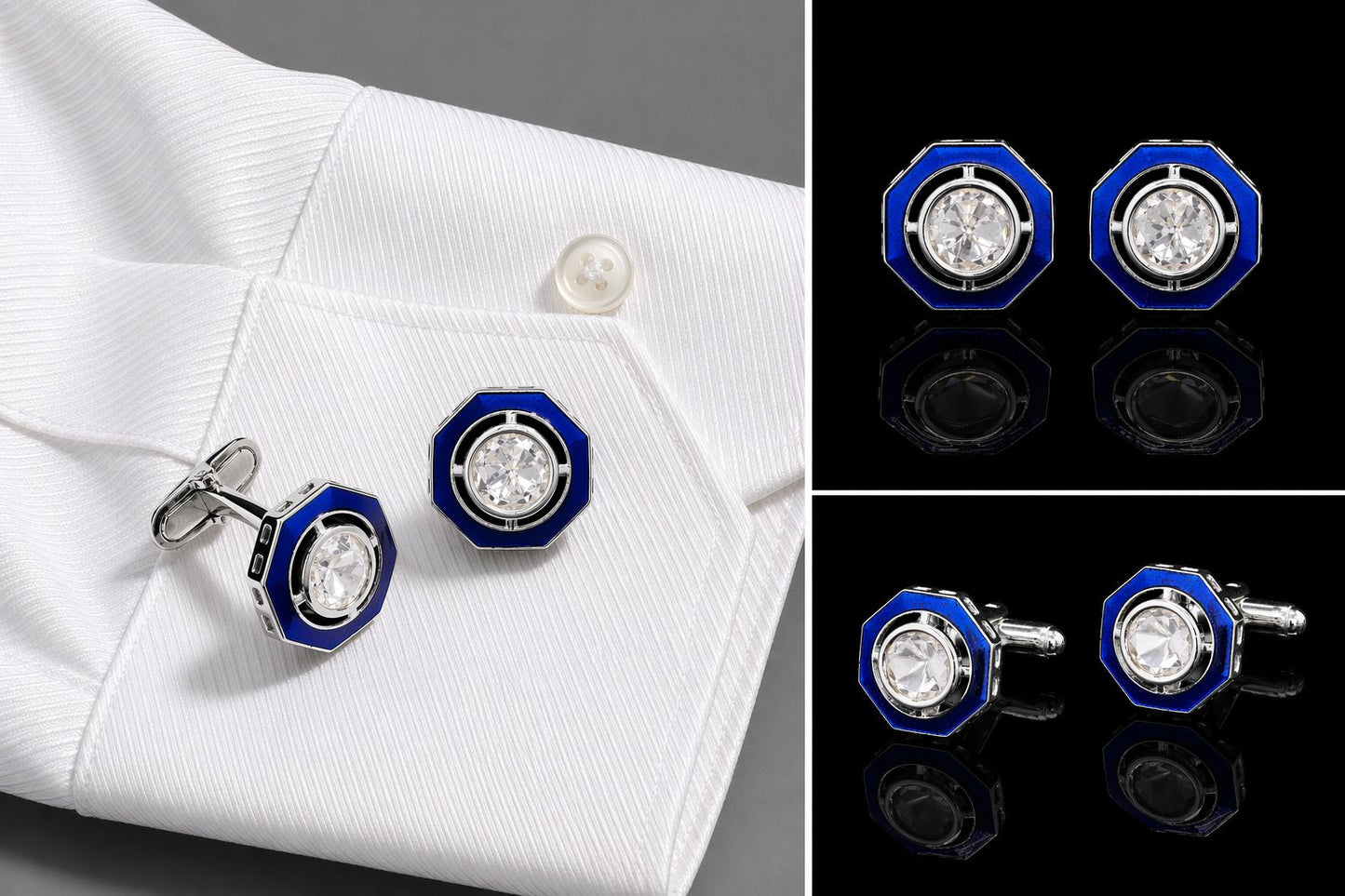 TOJ Everyday - Glazed Blue Enamel Bezel Setting Polki Mens Cufflink Pair