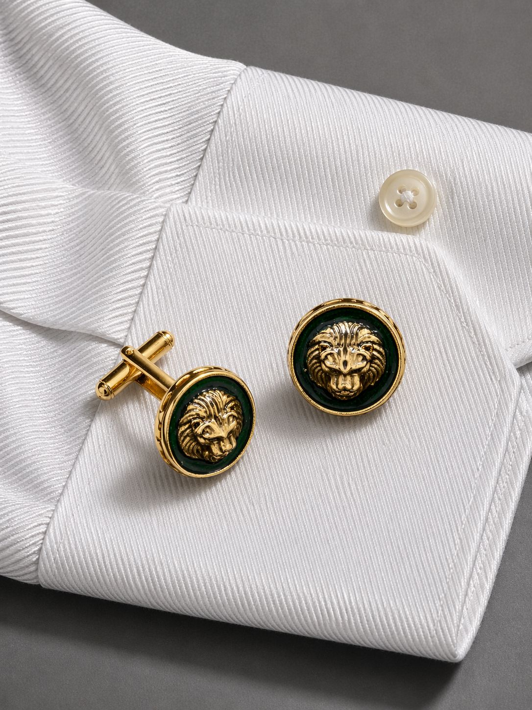 TOJ Everyday - Green Enamel Lion Face Gold Finish Mens Cufflink Pair