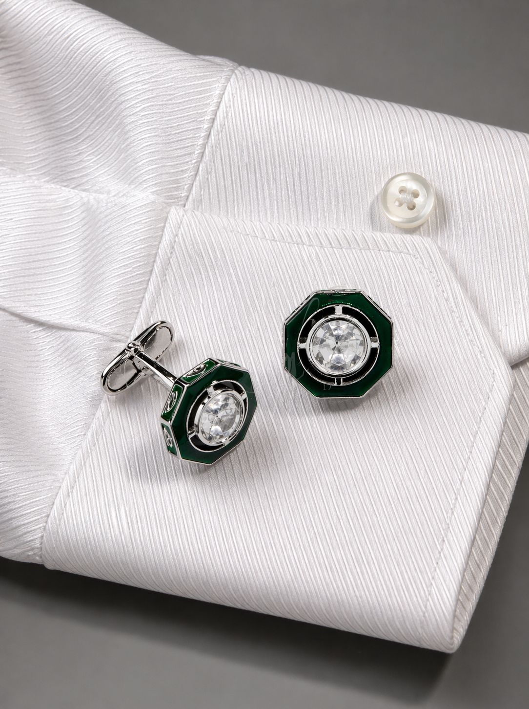 TOJ Everyday - Green Enamel Bezel Setting Diamond White Gold Finish Mens Cufflink