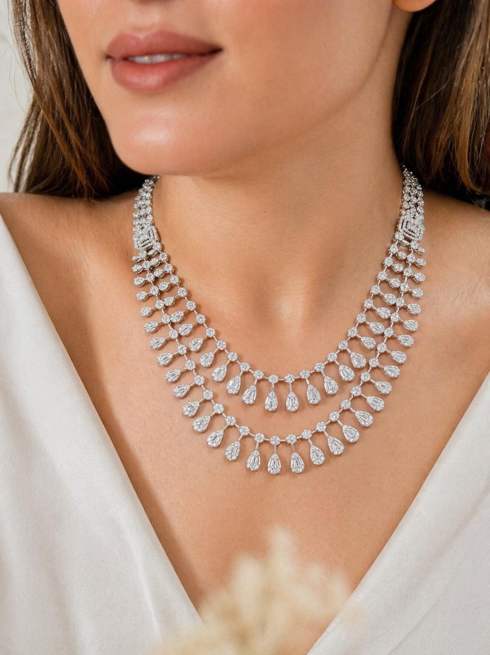 TOJ Everyday - Premium Double Layered Pressure Setting Drop Dora Necklace Set with Earrings