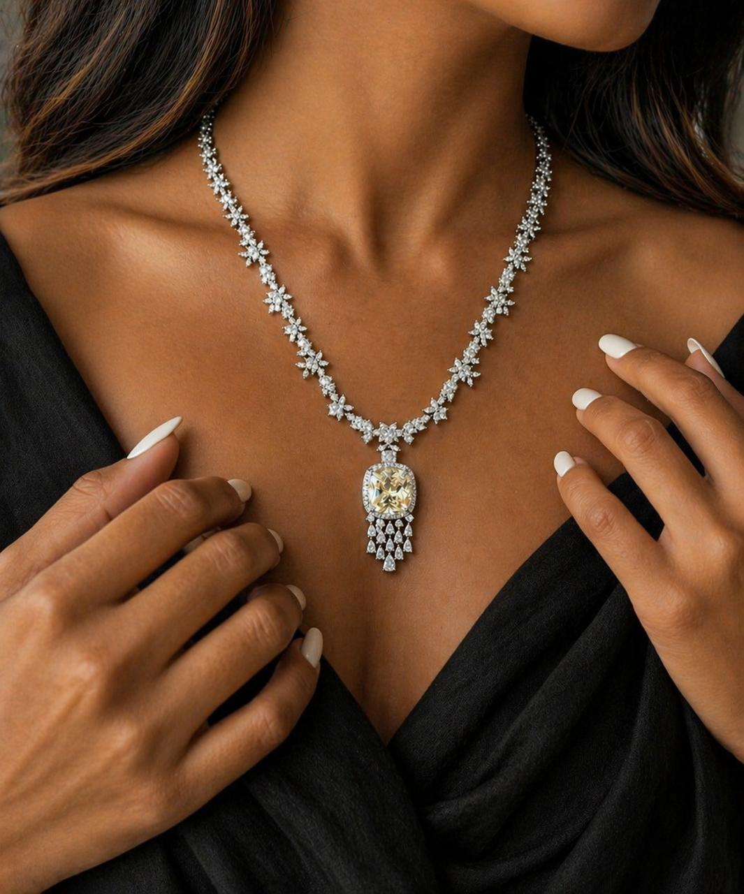 TOJ Everyday - Yellow Cushion and Fancy Diamond Bridal Wedding Necklace Set with Earrings