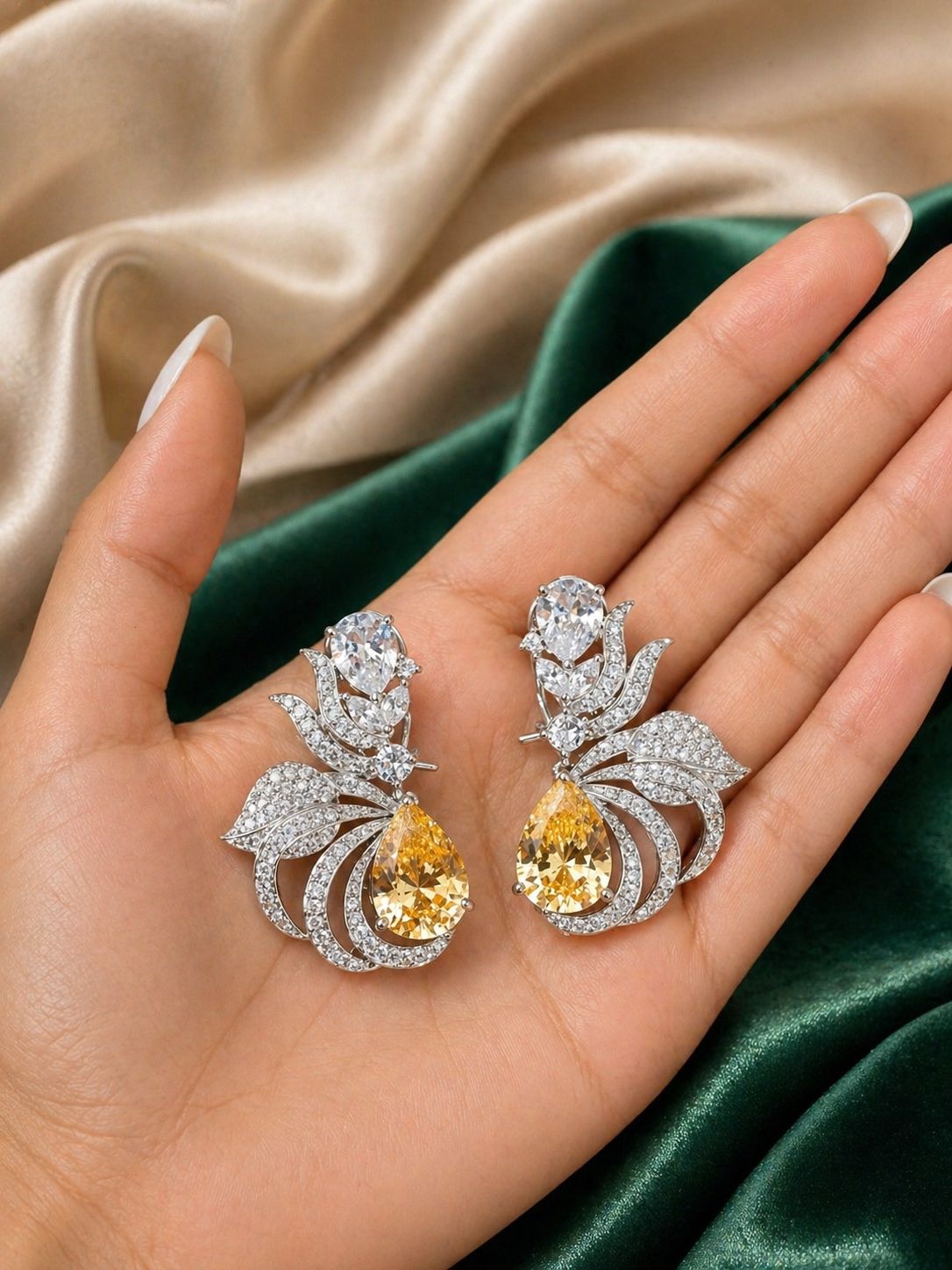 Premium TOJ Everyday - Drop Solitaire Yellow Fire Diamond Statement Party Earrings for Women