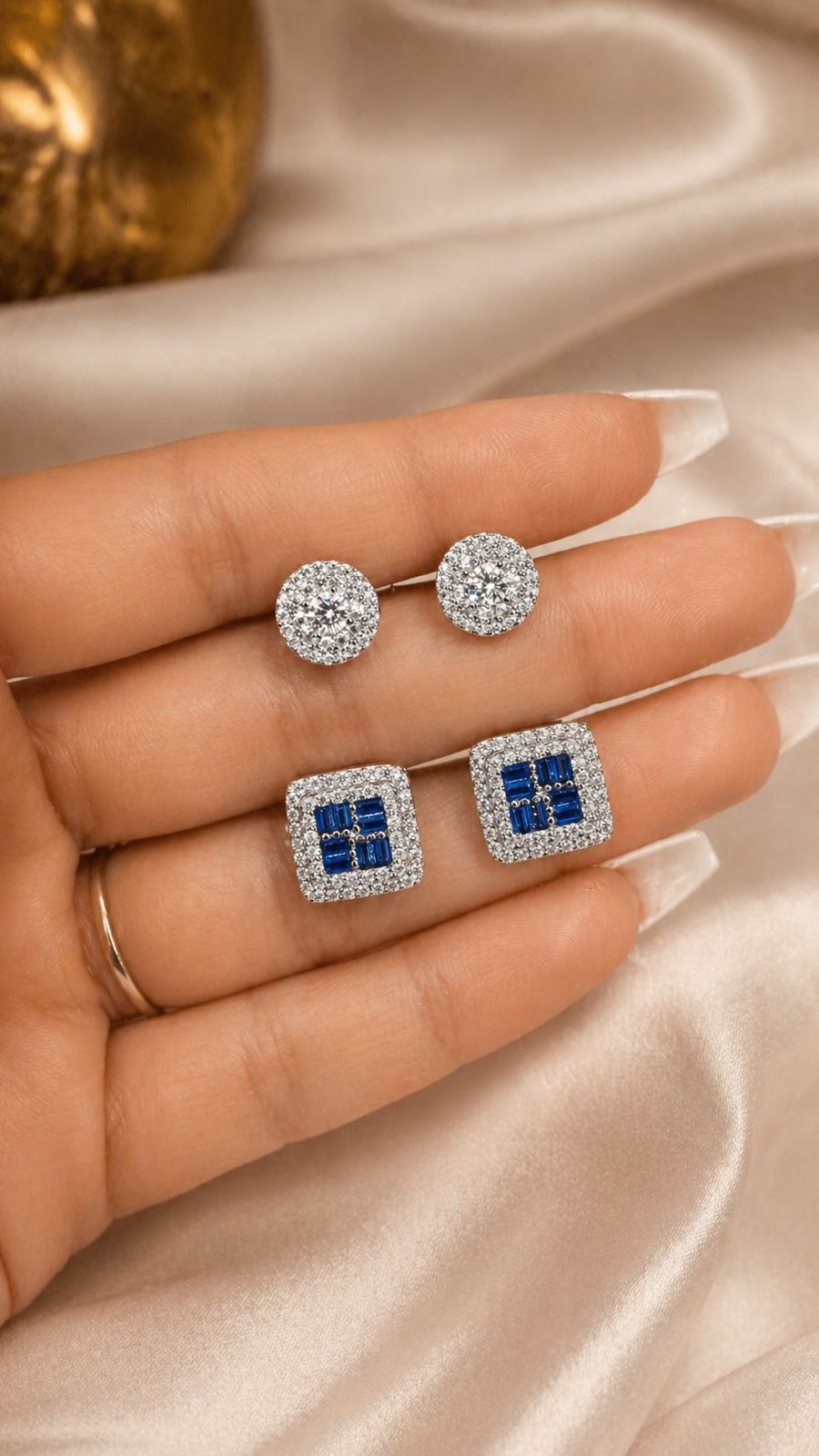 Combo of Two Pure 925 Silver Stud Earrings - Blue Sapphire and Classic White Diamond