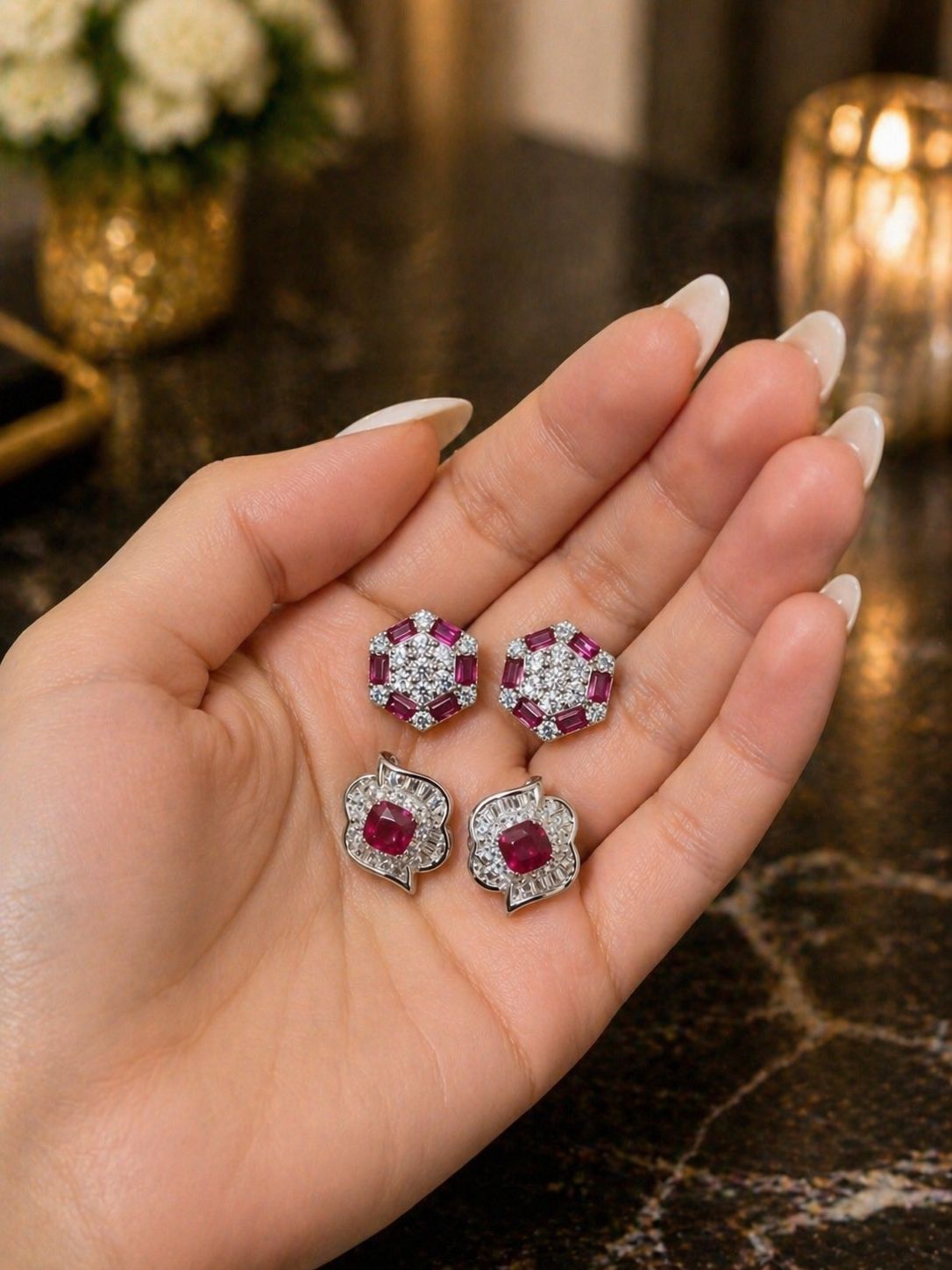 Combo of Two Pure 925 Silver Ruby Stud Earrings