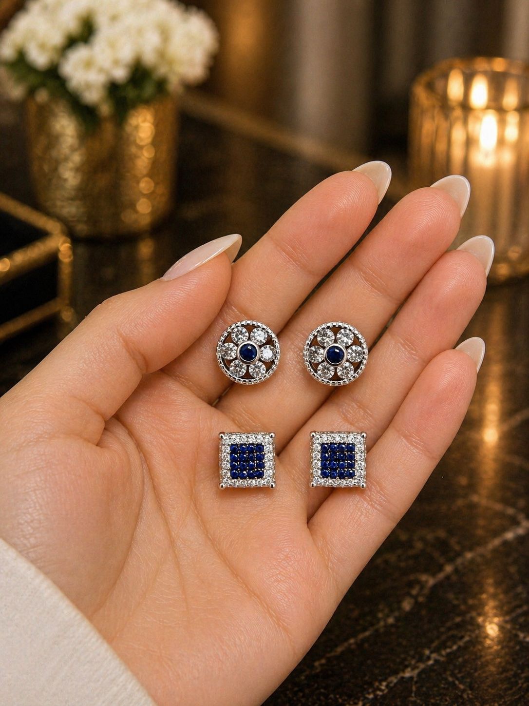 Mother’s Day Combo of Two Pure 925 Stud Earrings - 6 Petal Floral Studs and Blue Sapphire Micro Setting Studs