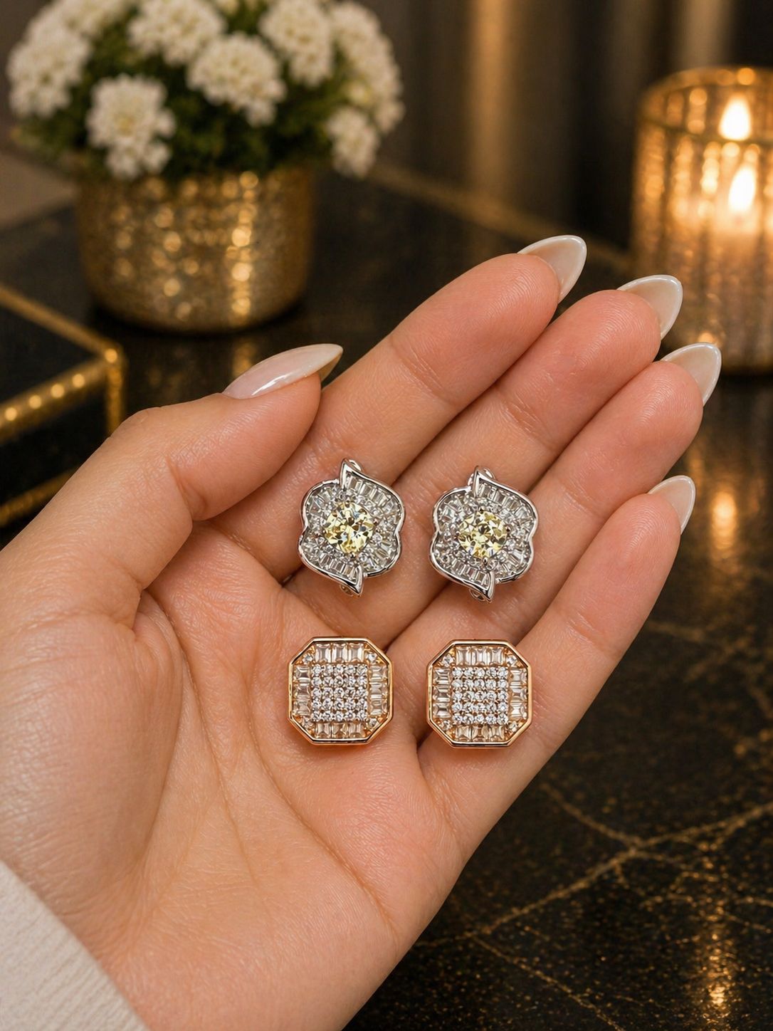 Combo of Two Pure 925 Stud Earrings - Yellow Diamonds and Rose Gold Italian Setting
