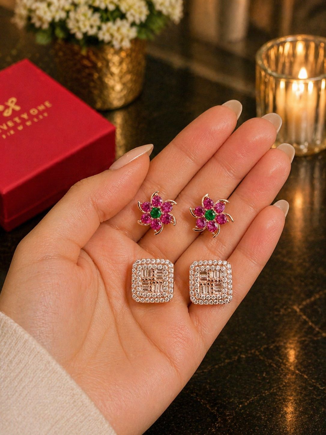Mother’s Day Combo of Pure 925 Silver Stud Earrings - Ruby Spiral and Rose Gold Micro Setting