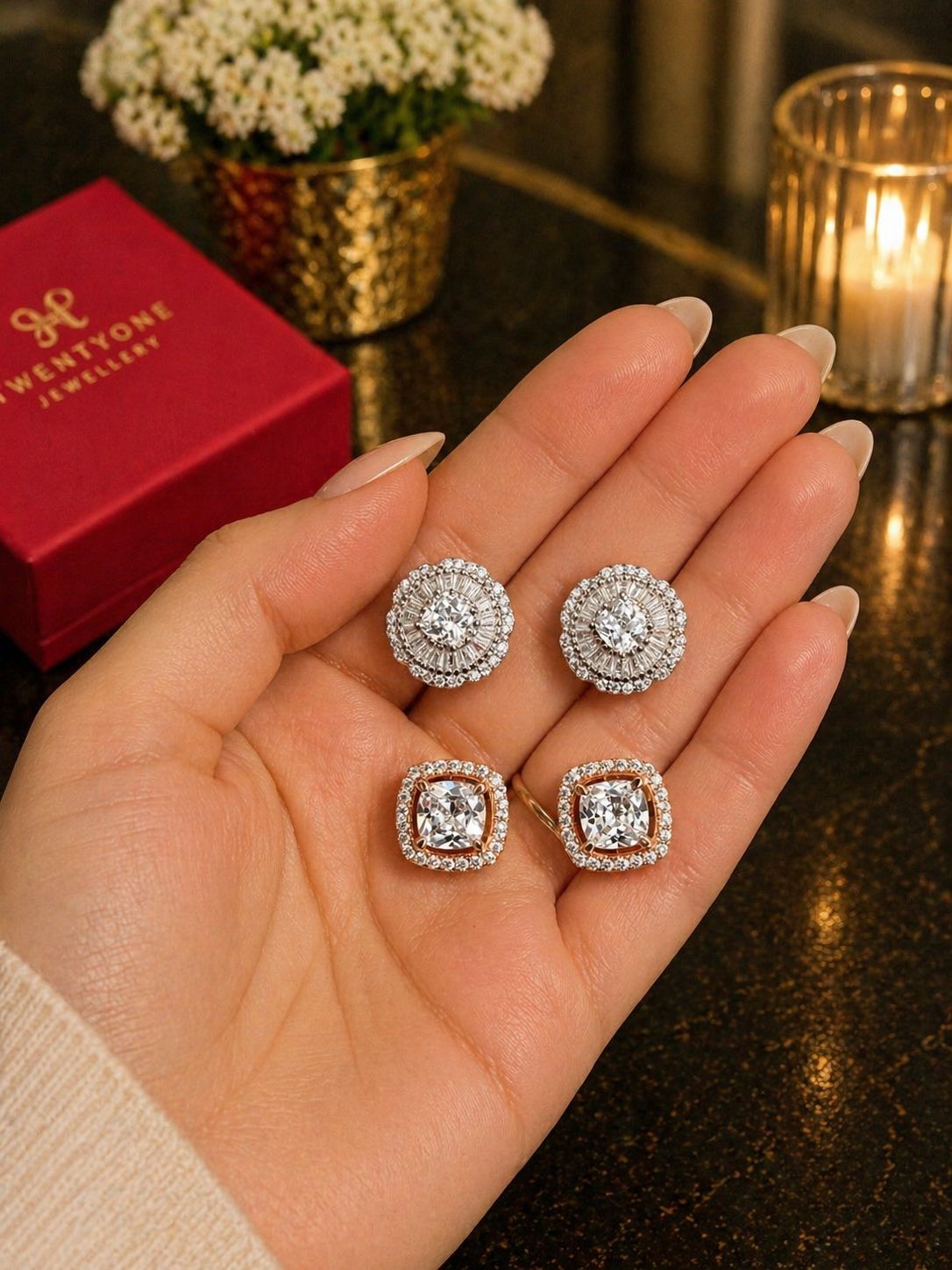 Mother’s Day Combo of Two Pure 925 Silver Stud Earrings - White Diamond Floral and Rose Gold Cushion Cut