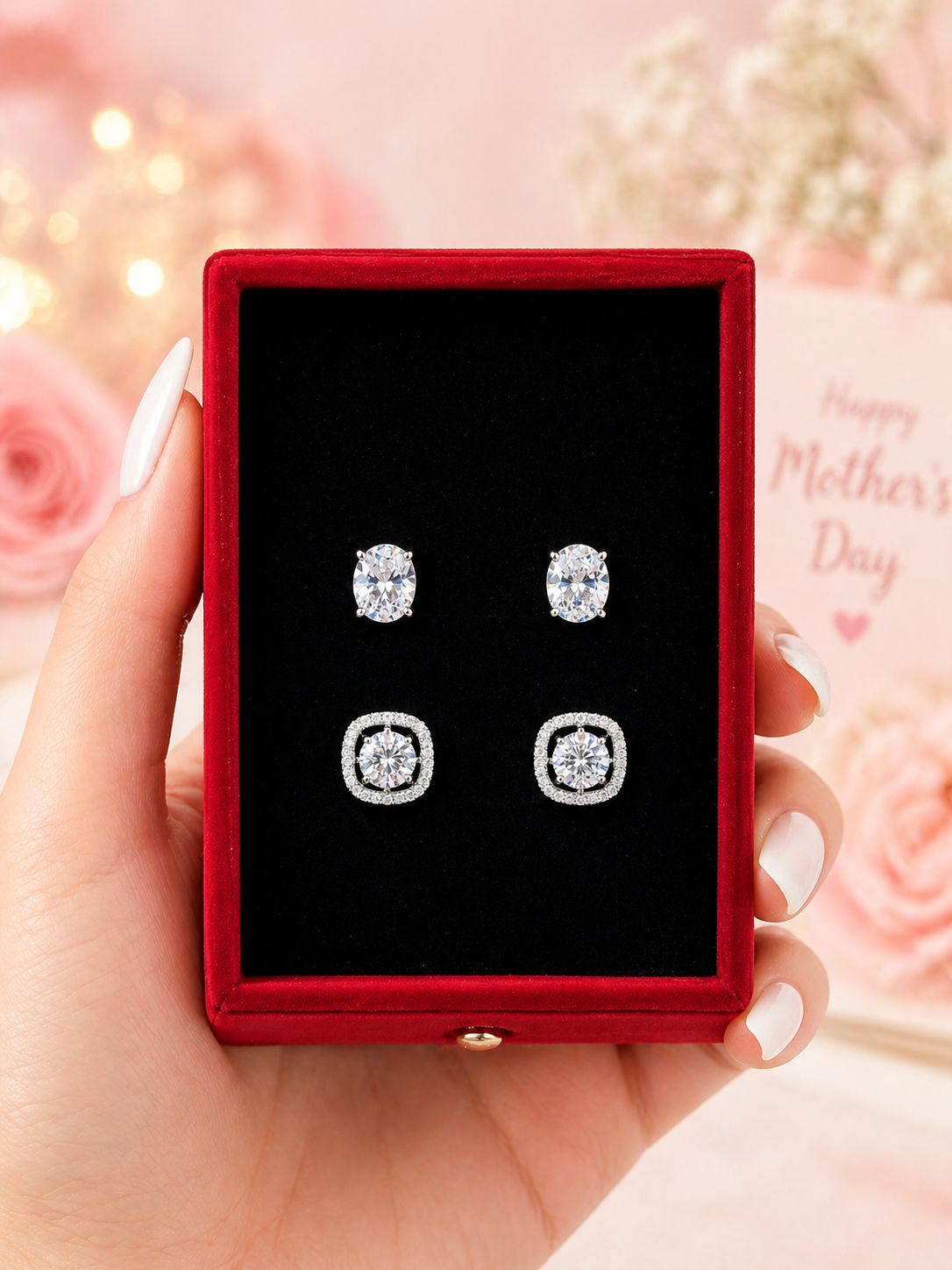 Mother’s Day Combo of Two Pure 925 Silver Stud Earrings - Round Cut Solitaire and Oval Cut Solitaire on Pure 925 Silver.