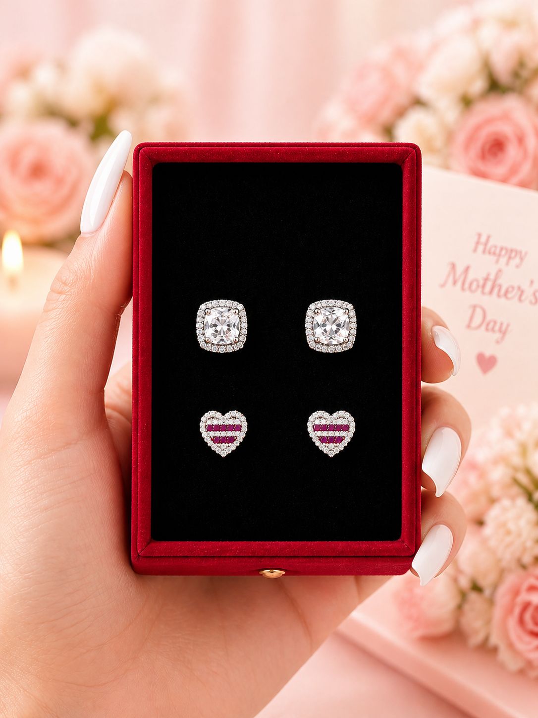 Combo of Pure 925 Silver Ruby Heart Studs and Cushion Cut Solitaire Studs