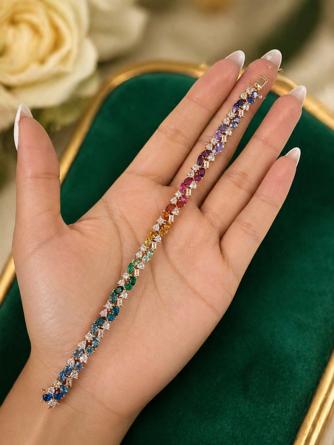 Multi Solitaire Rose Gold Finish Rainbow Tennis Bracelet on Pure 925 Silver