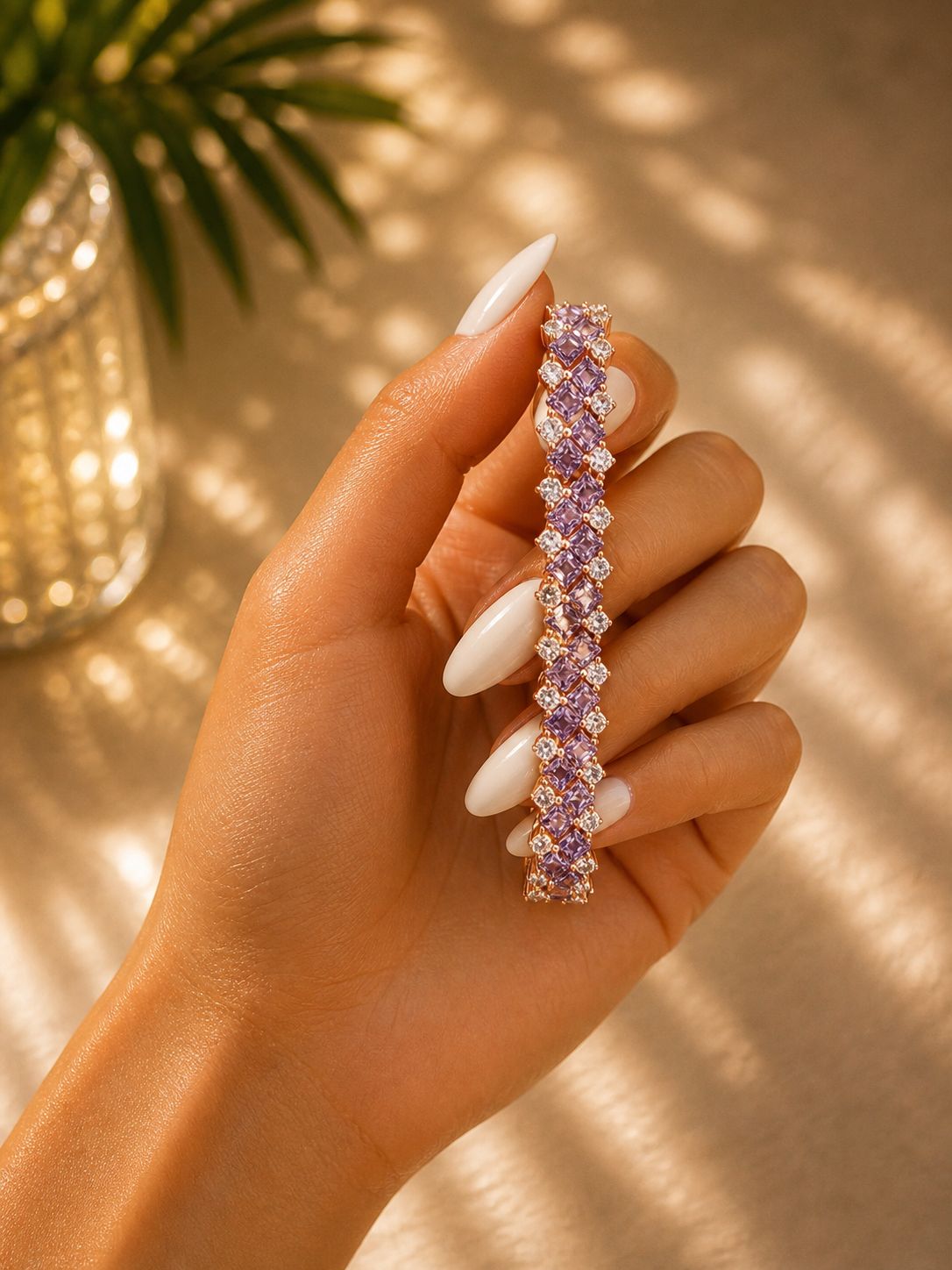 Ultra Premium Purple Amethyst Sugar Loaf Rose Gold Finish Tennis Bracelet on Pure 925 Silver