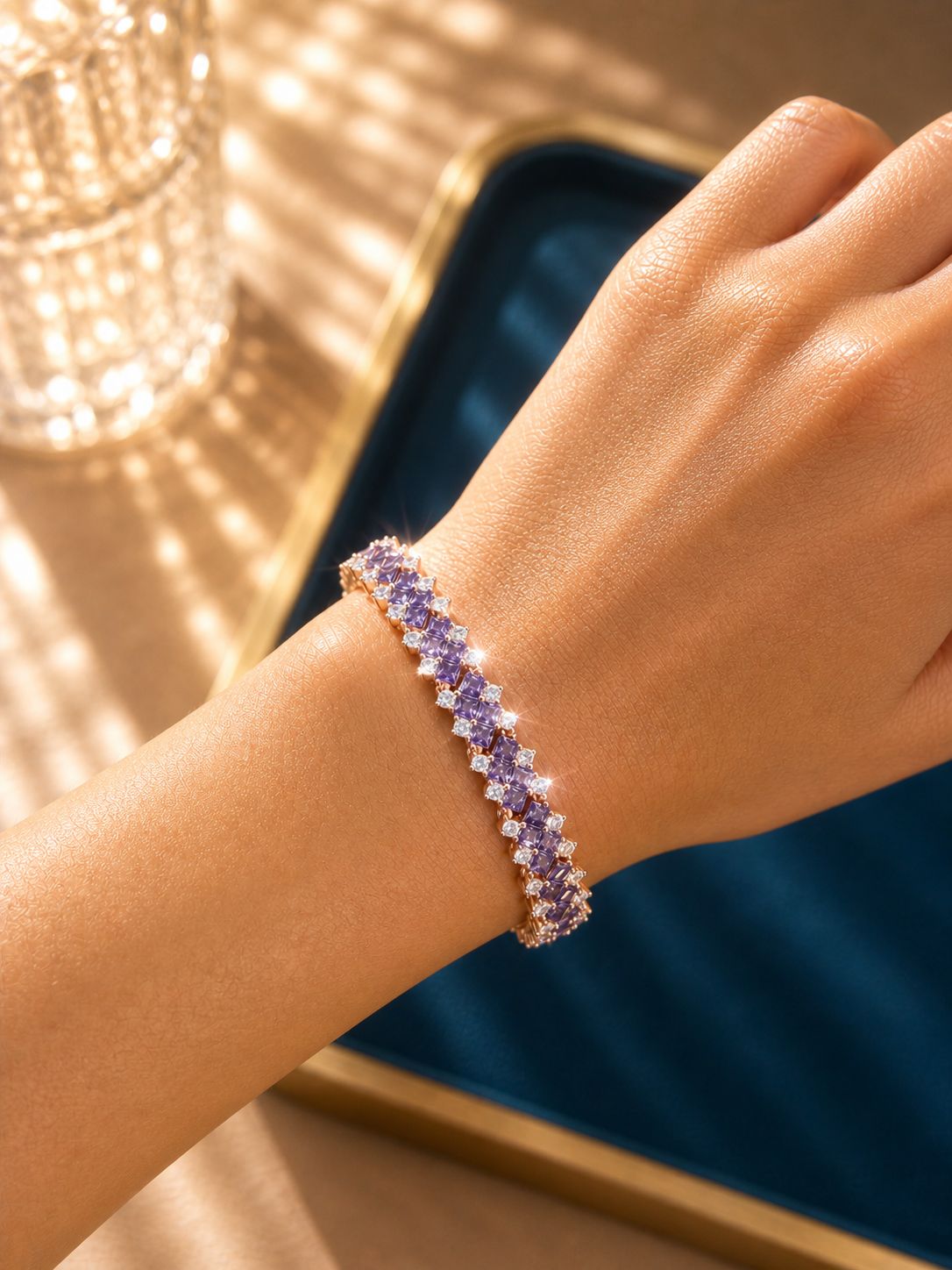 Ultra Premium Purple Amethyst Sugar Loaf Rose Gold Finish Tennis Bracelet on Pure 925 Silver