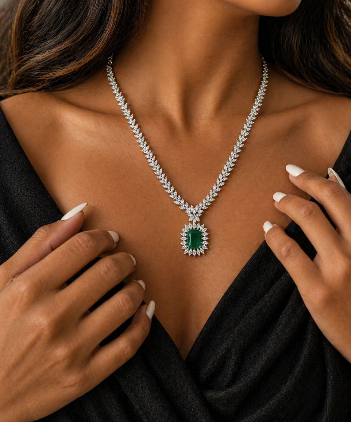 TOJ Everyday - Premium Emerald and Marquise Diamond Monaco Necklace Set with Earrings