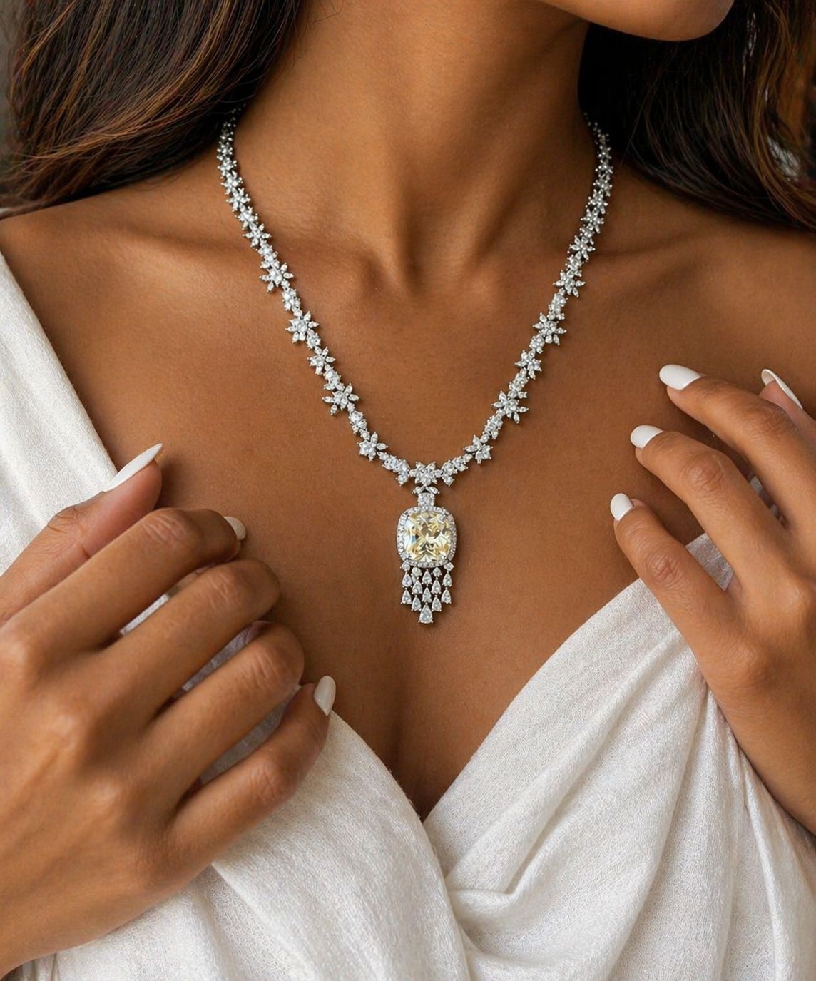 TOJ Everyday - Yellow Cushion and Fancy Diamond Bridal Wedding Necklace Set with Earrings