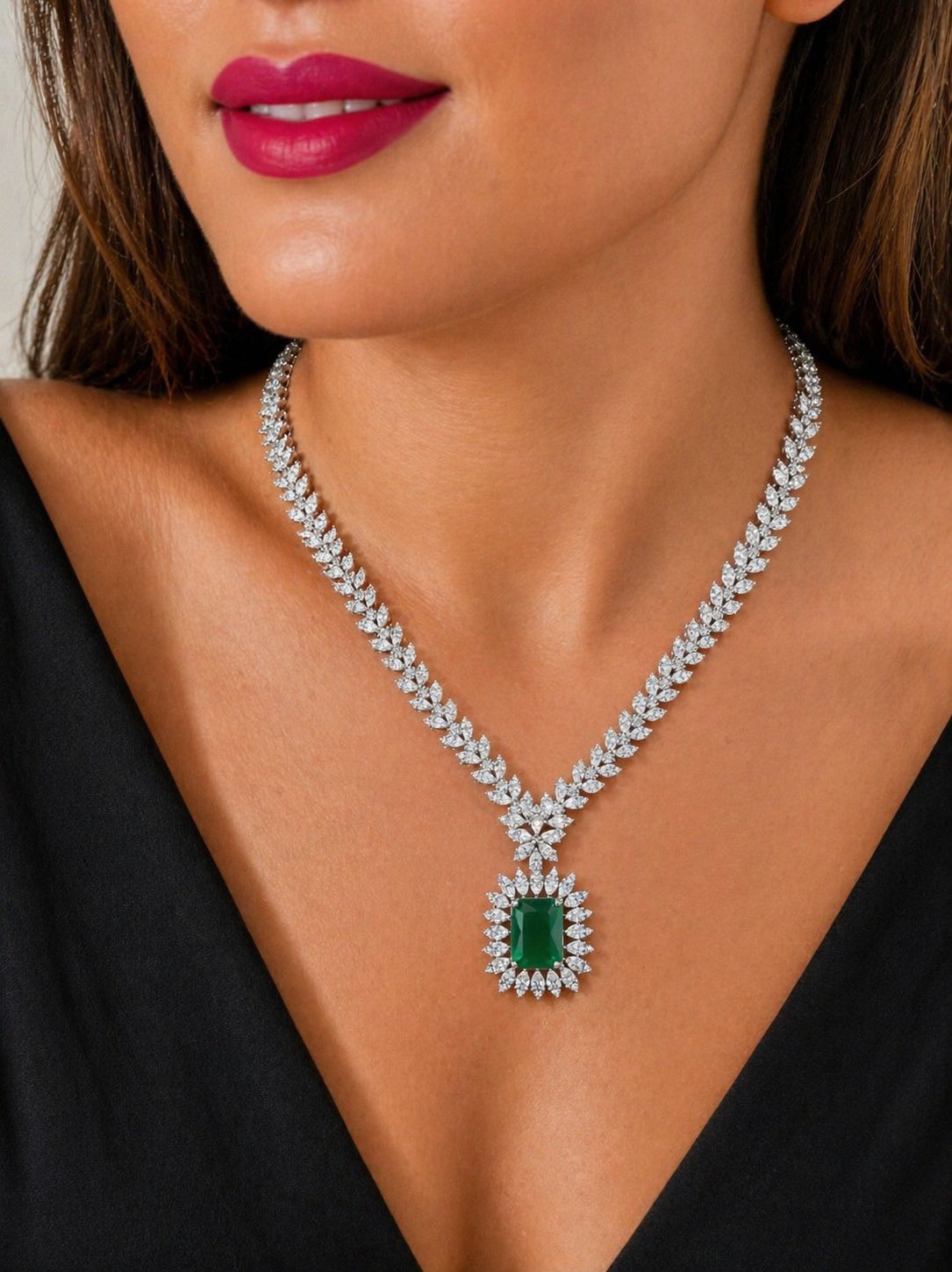 TOJ Everyday - Premium Emerald and Marquise Diamond Monaco Necklace Set with Earrings