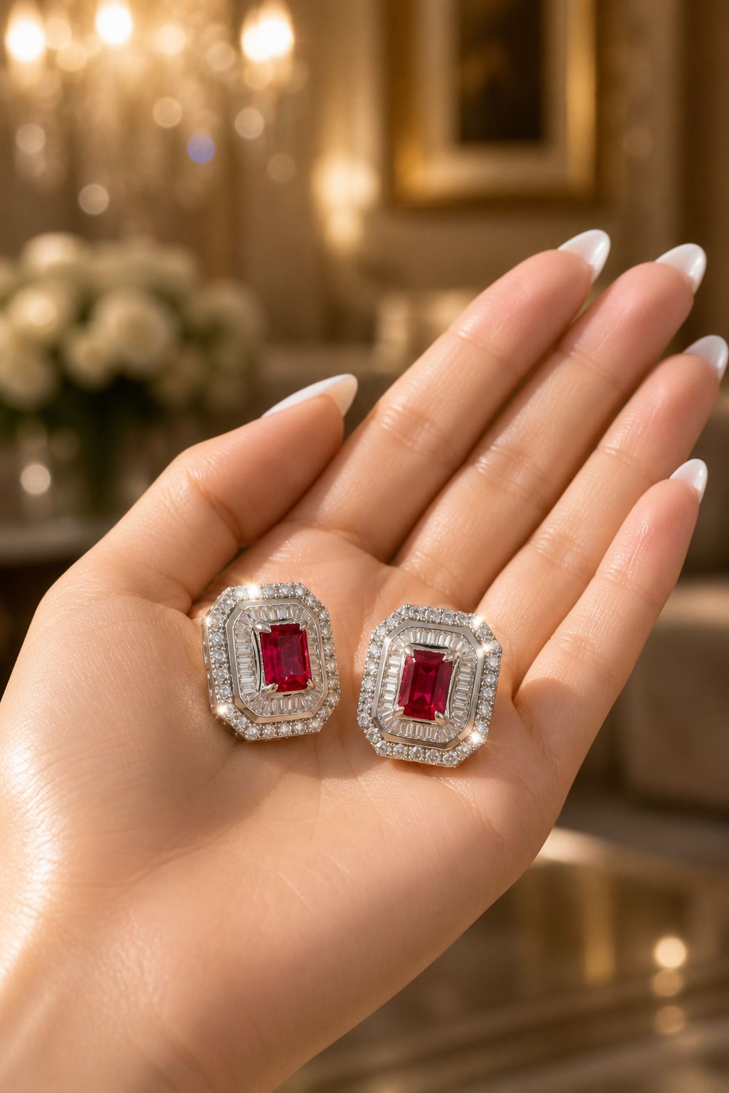 Ultra Premium Ruby and Diamond Statement Stud Earrings with Premium Screw Backs