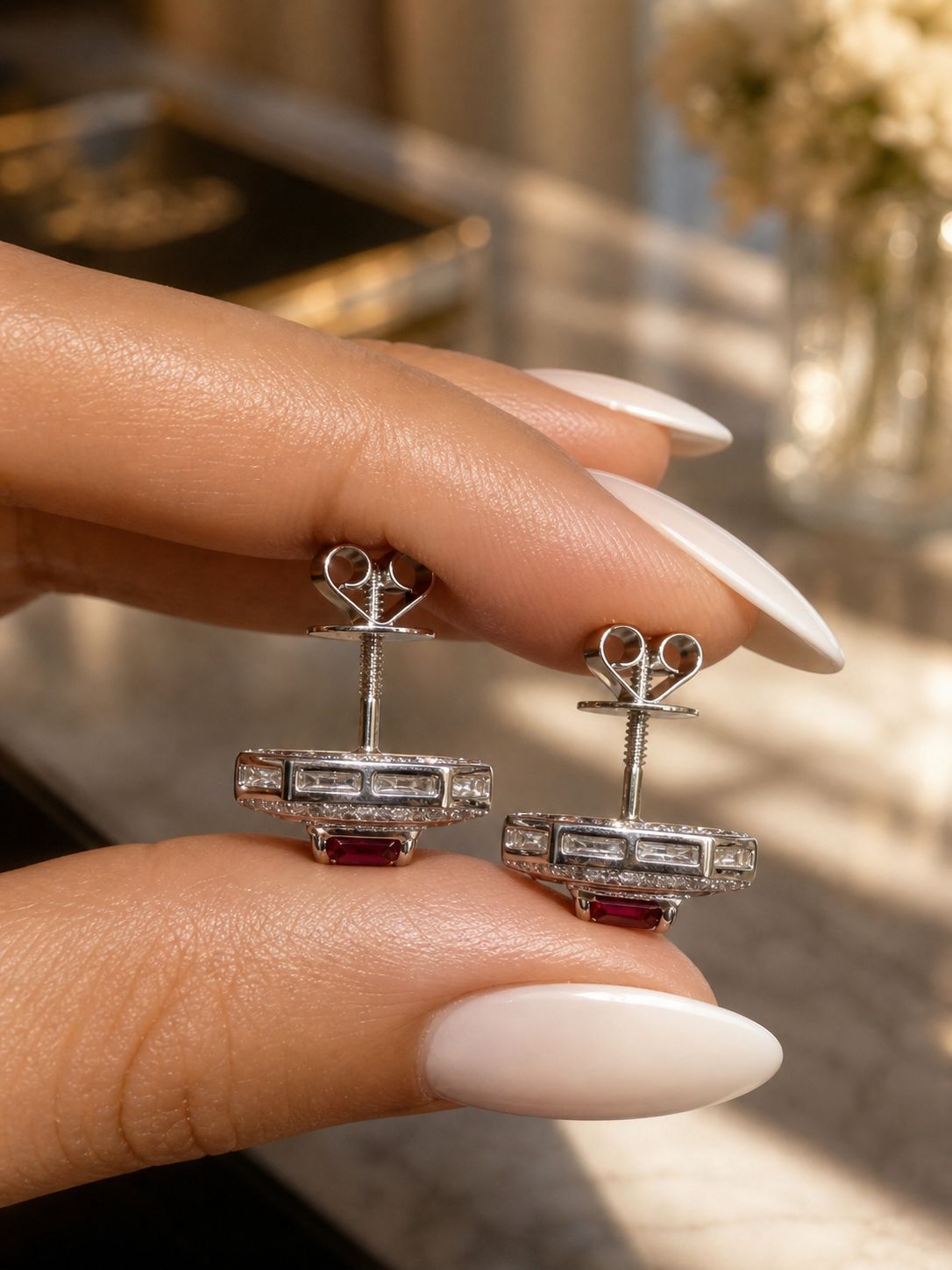 Ultra Premium Ruby and Diamond Statement Stud Earrings with Premium Screw Backs