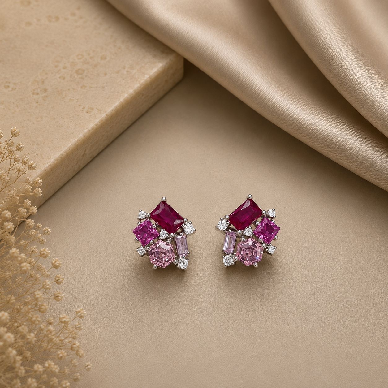 Premium Multi Shape Diamond White Gold Finish Pink Party Giva Stud Earrings on Pure 925 Silver