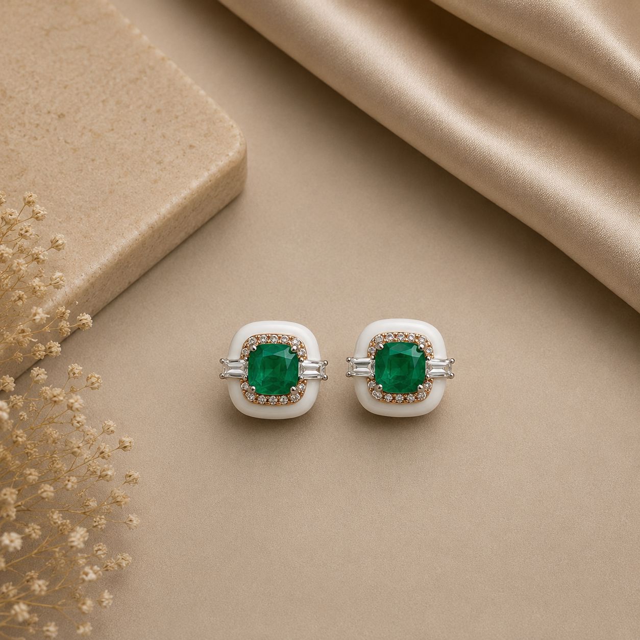 Ultra Premium Emerald Cabochon White Onyx Stud Earrings on Pure 925 Silver