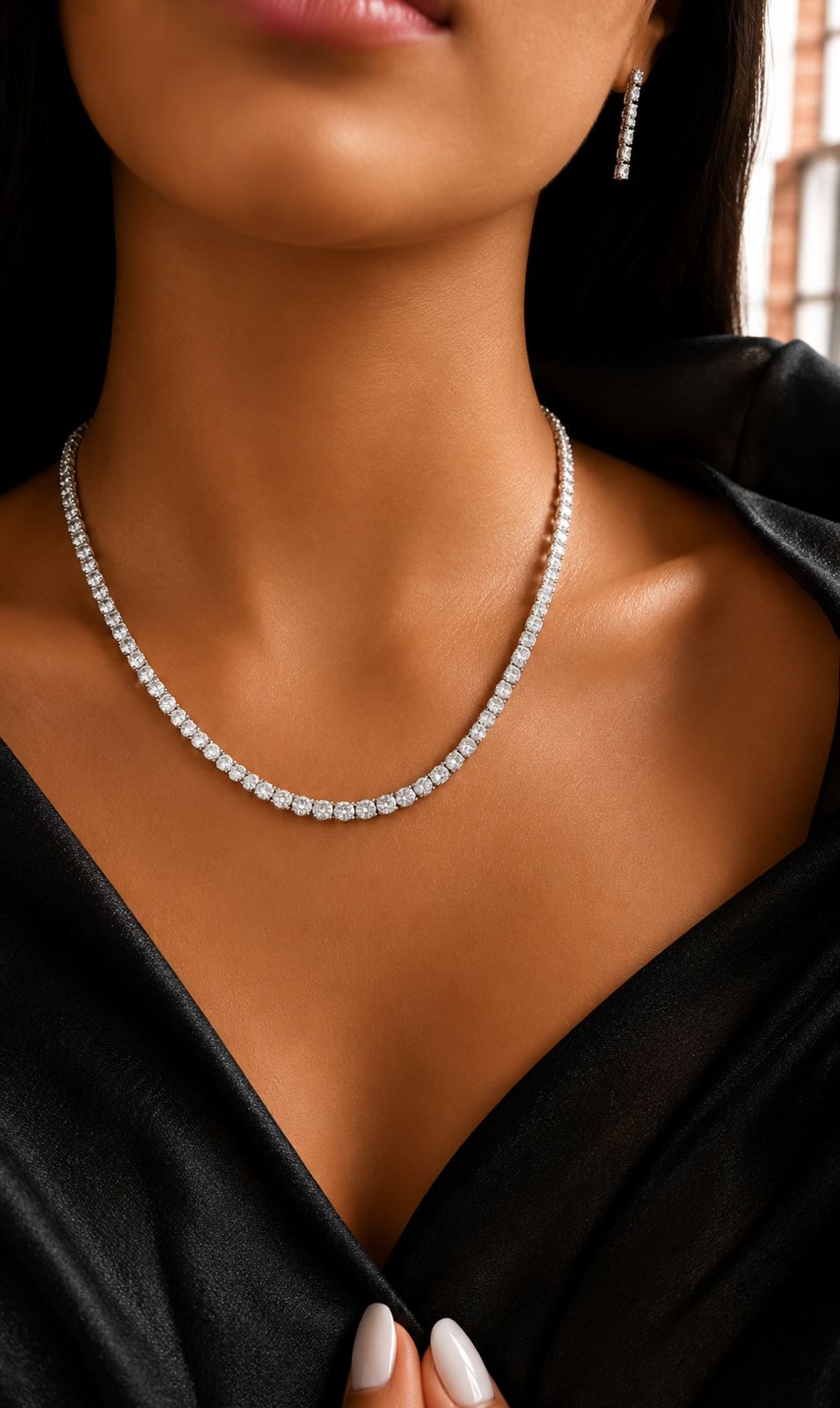 TOJ Everyday - Classic Pointer Solitaire Single Line Necklace Set with Earrings