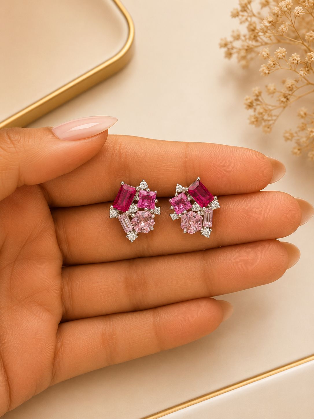 Premium Multi Shape Diamond White Gold Finish Pink Party Giva Stud Earrings on Pure 925 Silver