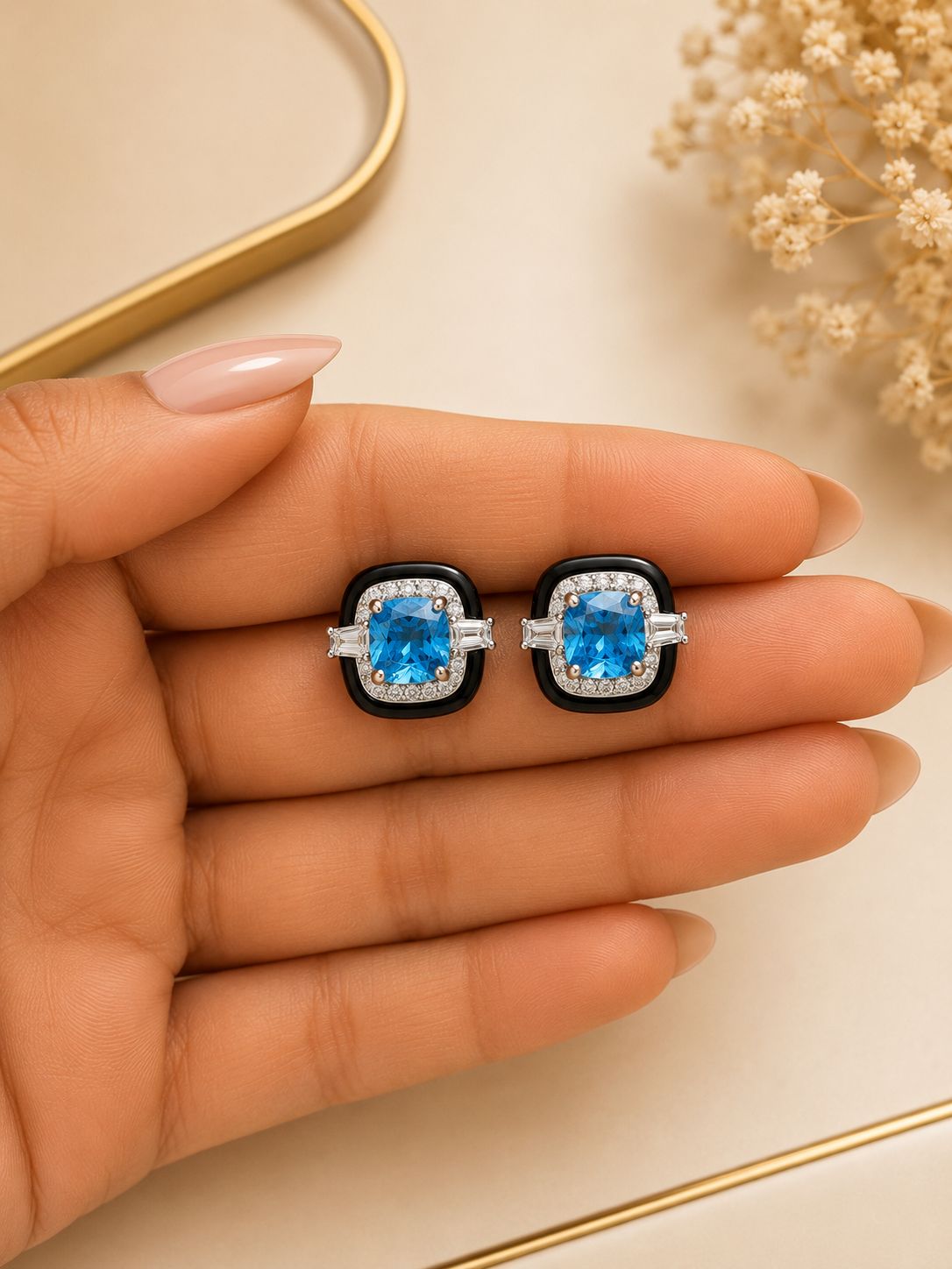 Ultra Premium Hydro Blue Topaz and Black Onyx American Diamond Stud Earrings on Pure 925 Silver