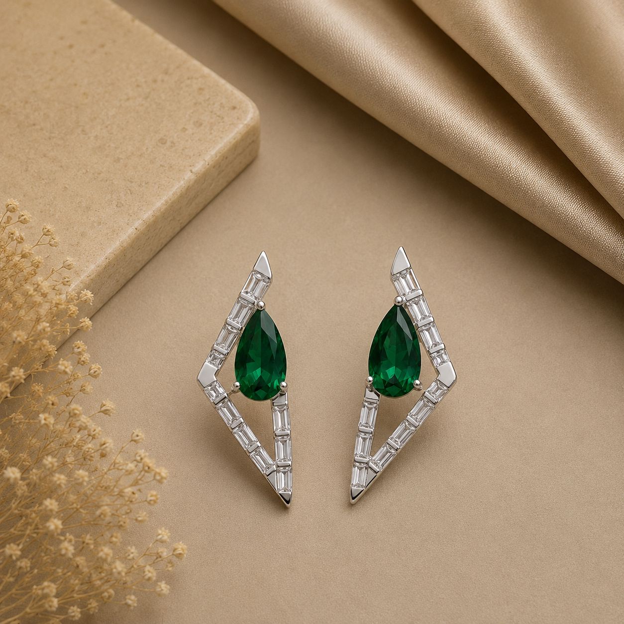Premium Handcrafted Emerald Drop Azure Statement Earrings on Pure 925 Silver