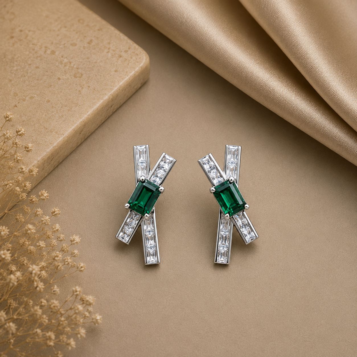 Ultra Premium American Diamond Baguette Earrings with Emerald Doublets on Pure 925 Silver