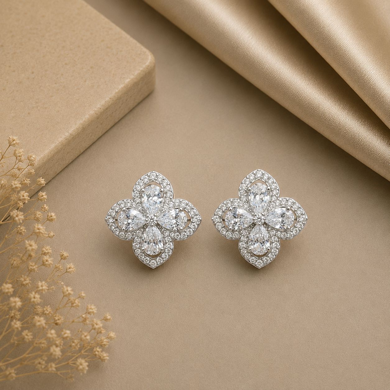 Premium Drop Solitaire Malti Marie Floral Studs with Premium Screw Backs on Pure 925 Silver