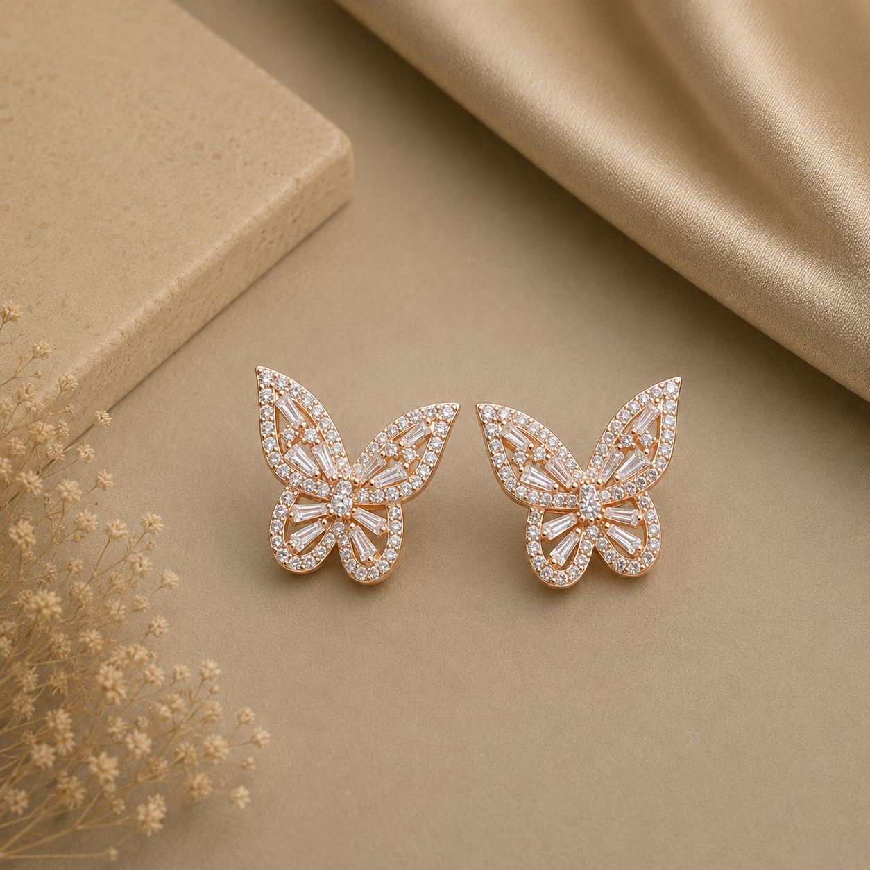 Rose Gold Butter Fly Earrings with American Diamond Tapers on Pure 925 Silver