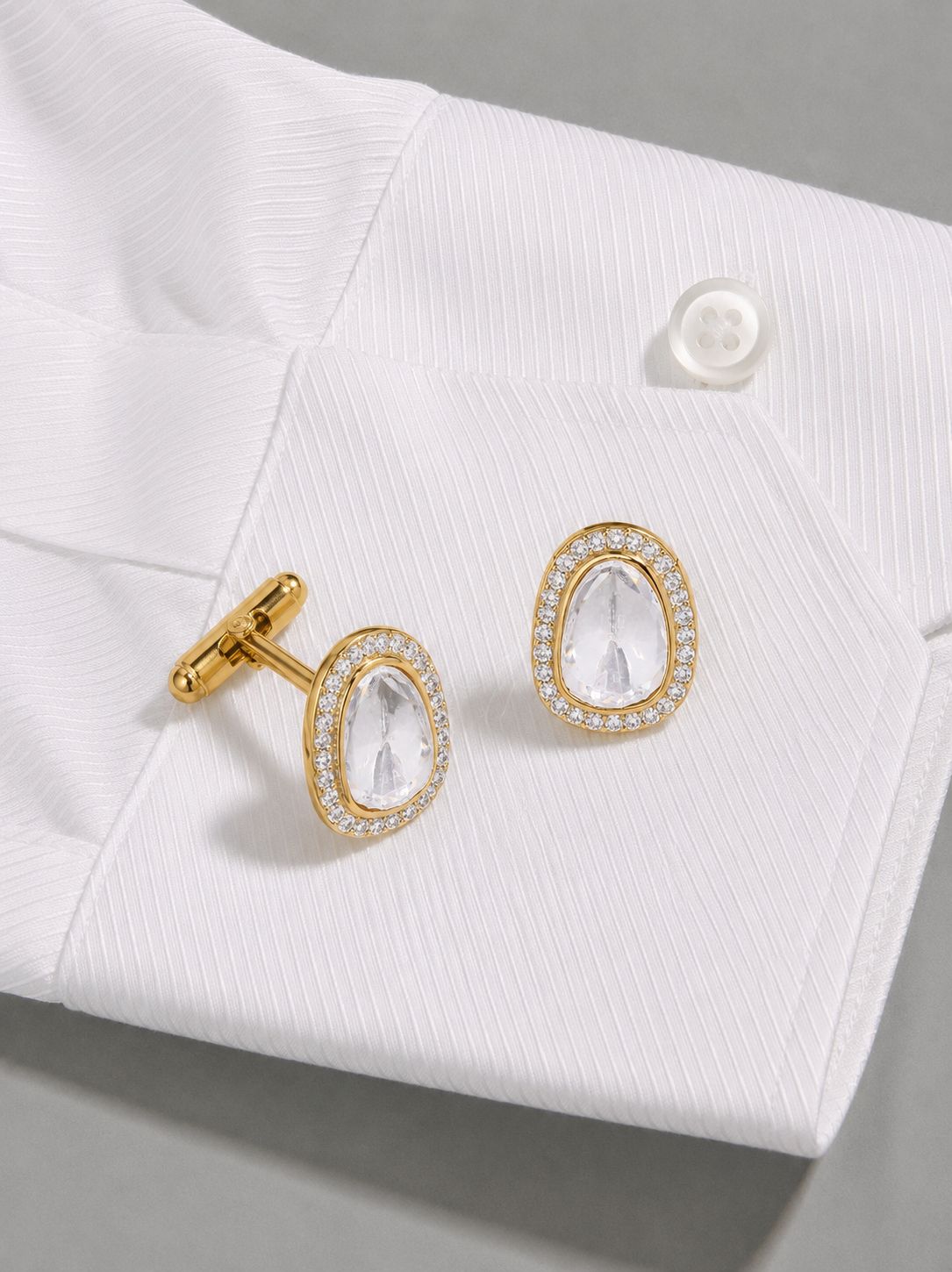 TOJ Everyday - Gold Finish Natural Oval Shaped Polki Mens Cufflink with American Diamond Cluster