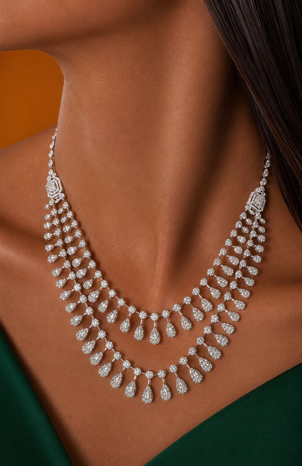 TOJ Everyday - Premium Double Layered Pressure Setting Drop Dora Necklace Set with Earrings