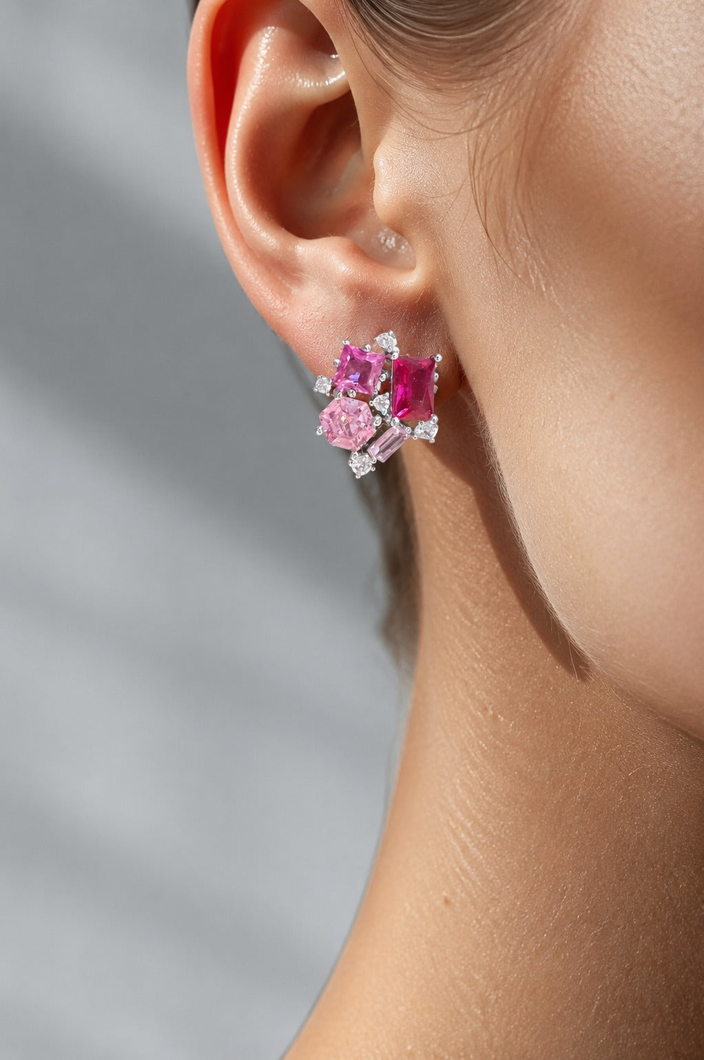 Premium Multi Shape Diamond White Gold Finish Pink Party Giva Stud Earrings on Pure 925 Silver