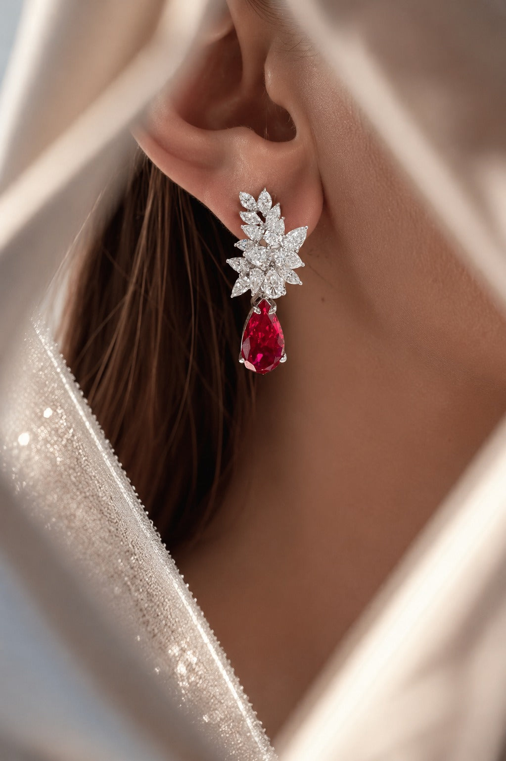 Ultra Premium Drop and Marquise Solitaire Cluster Bunch Danglers with Deep Pink Hydro Ruby on Pure 925 Silver.