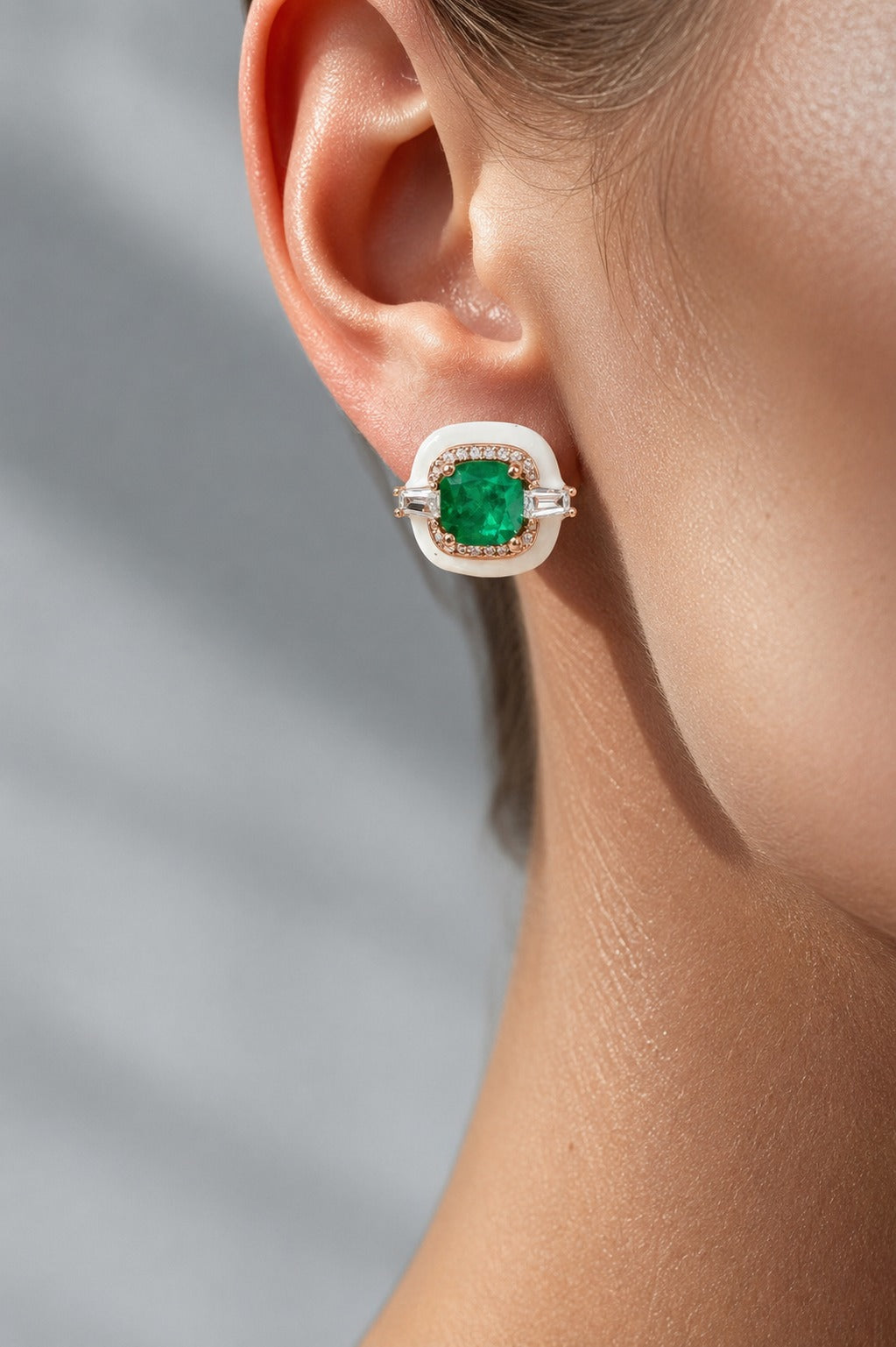 Ultra Premium Emerald Cabochon White Onyx Stud Earrings on Pure 925 Silver
