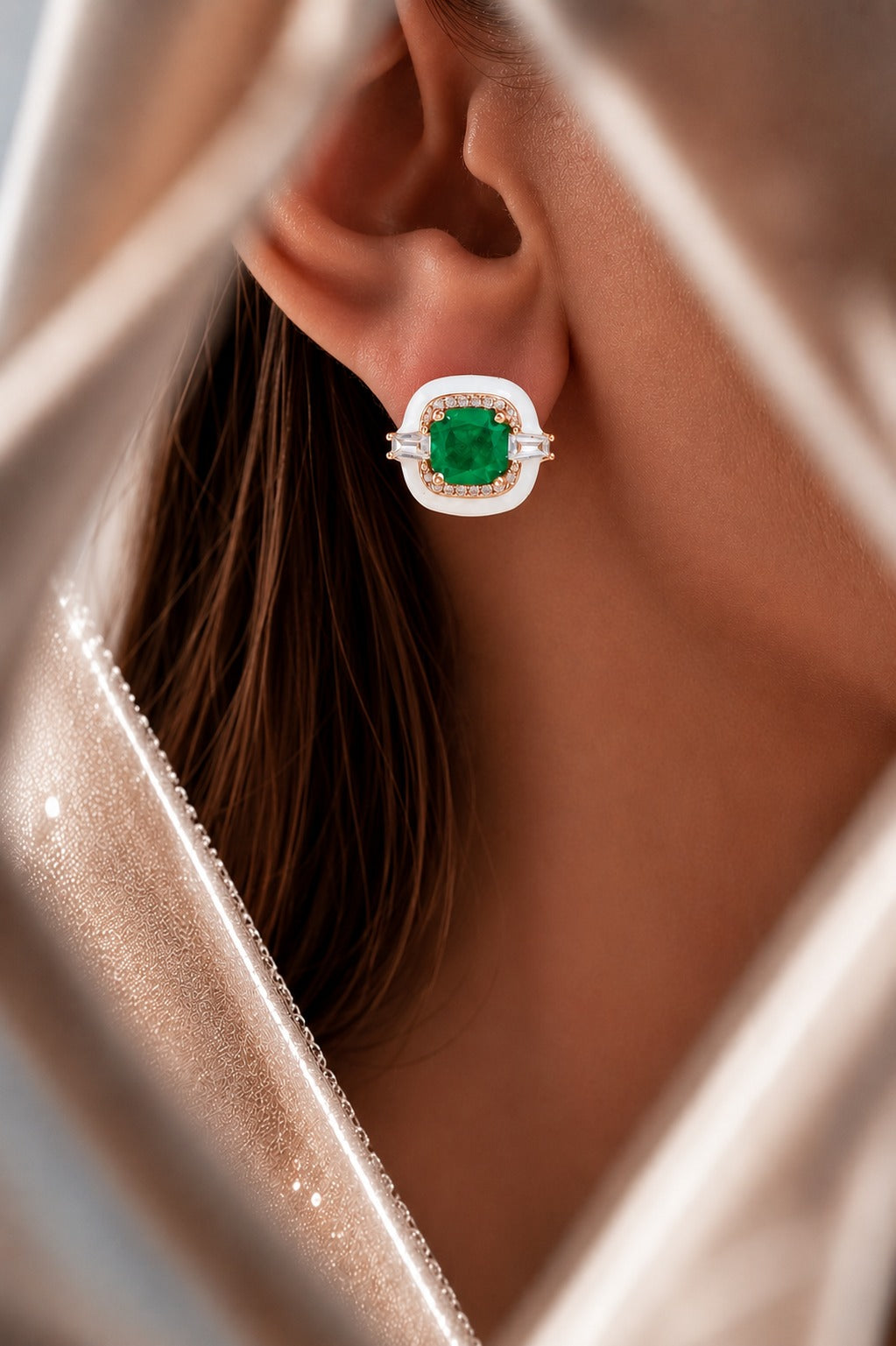 Ultra Premium Emerald Cabochon White Onyx Stud Earrings on Pure 925 Silver