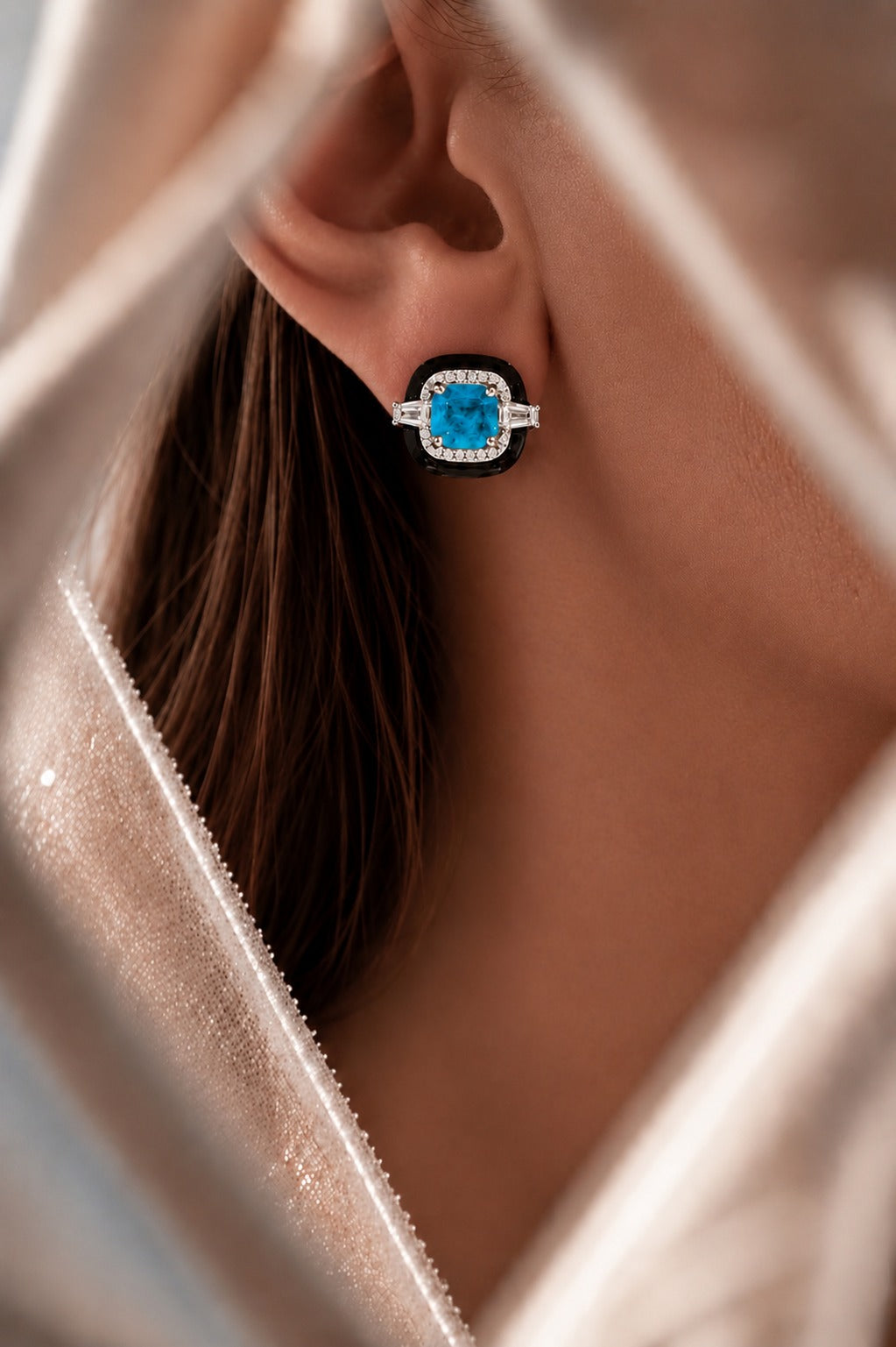 Ultra Premium Hydro Blue Topaz and Black Onyx American Diamond Stud Earrings on Pure 925 Silver