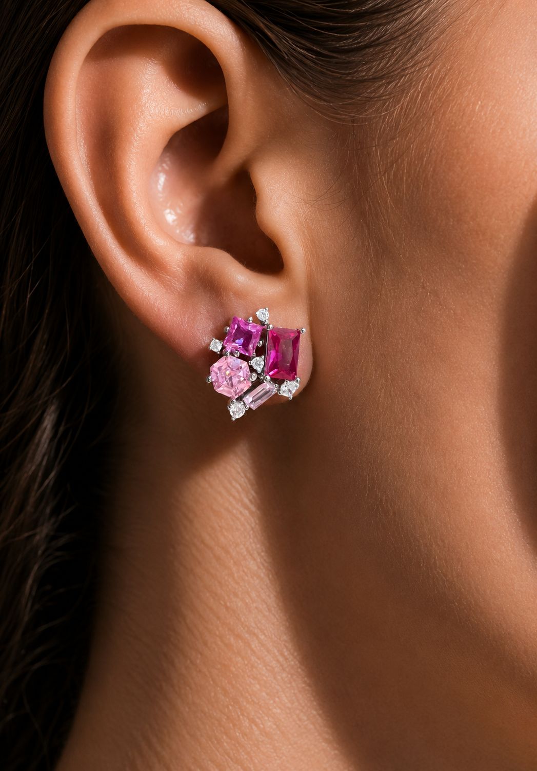 Premium Multi Shape Diamond White Gold Finish Pink Party Giva Stud Earrings on Pure 925 Silver