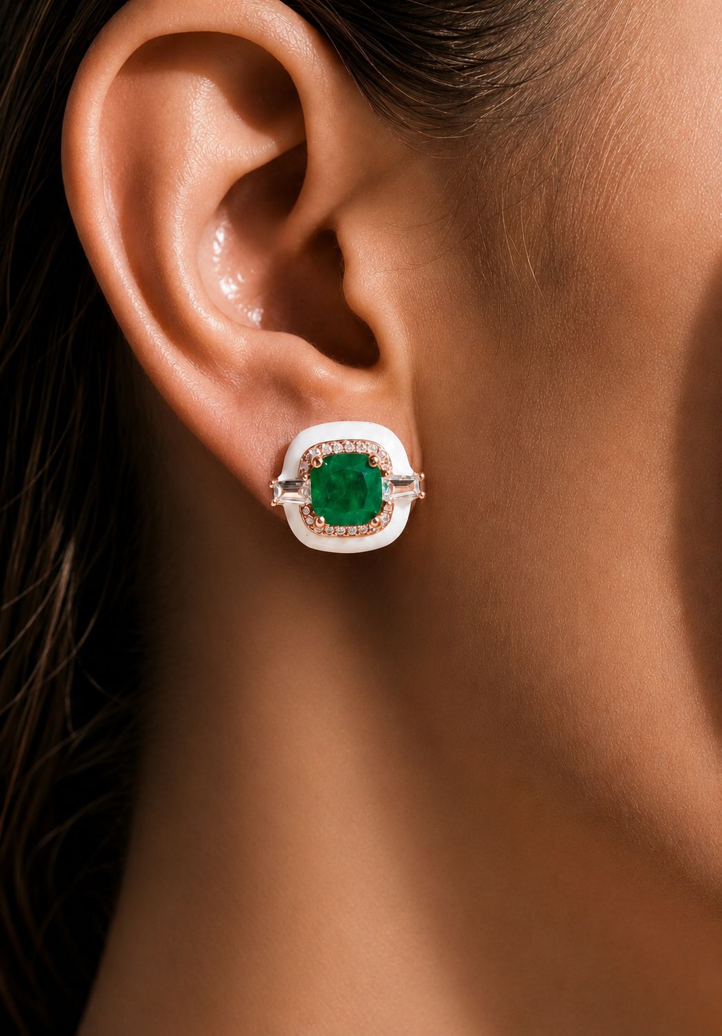 Ultra Premium Emerald Cabochon White Onyx Stud Earrings on Pure 925 Silver
